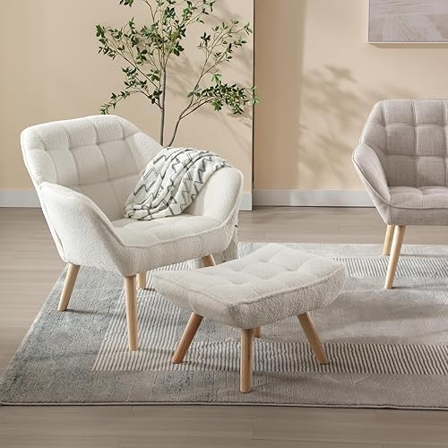 Miniatura 6 de Silla decorativa moderna de sherpa con otomana, silla de salón tapizada esponjosa con reposapiés, cómoda silla de sala de estar, silla auxiliar