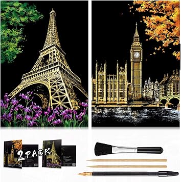 Scratch & Engraving Arts Paper16" x 11.2" for Teens & Adults, Rainbow Sketch Painting Landscape Scratchboard, Craft Kits 2 Pack with 4 Tools - Drawing Pens, BrushBig Ben / Eiffel Tower