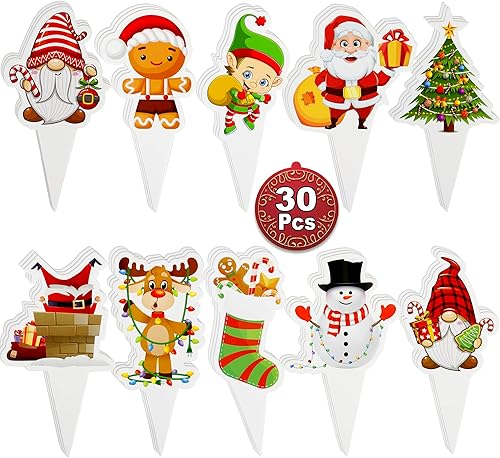 Miniatura 5 de Adornos navideños para cupcakes | Juego de 30 piezas | Papá Noel de Navidad, hombre de jengibre, muñeco de nieve | Decoraciones para hornear para