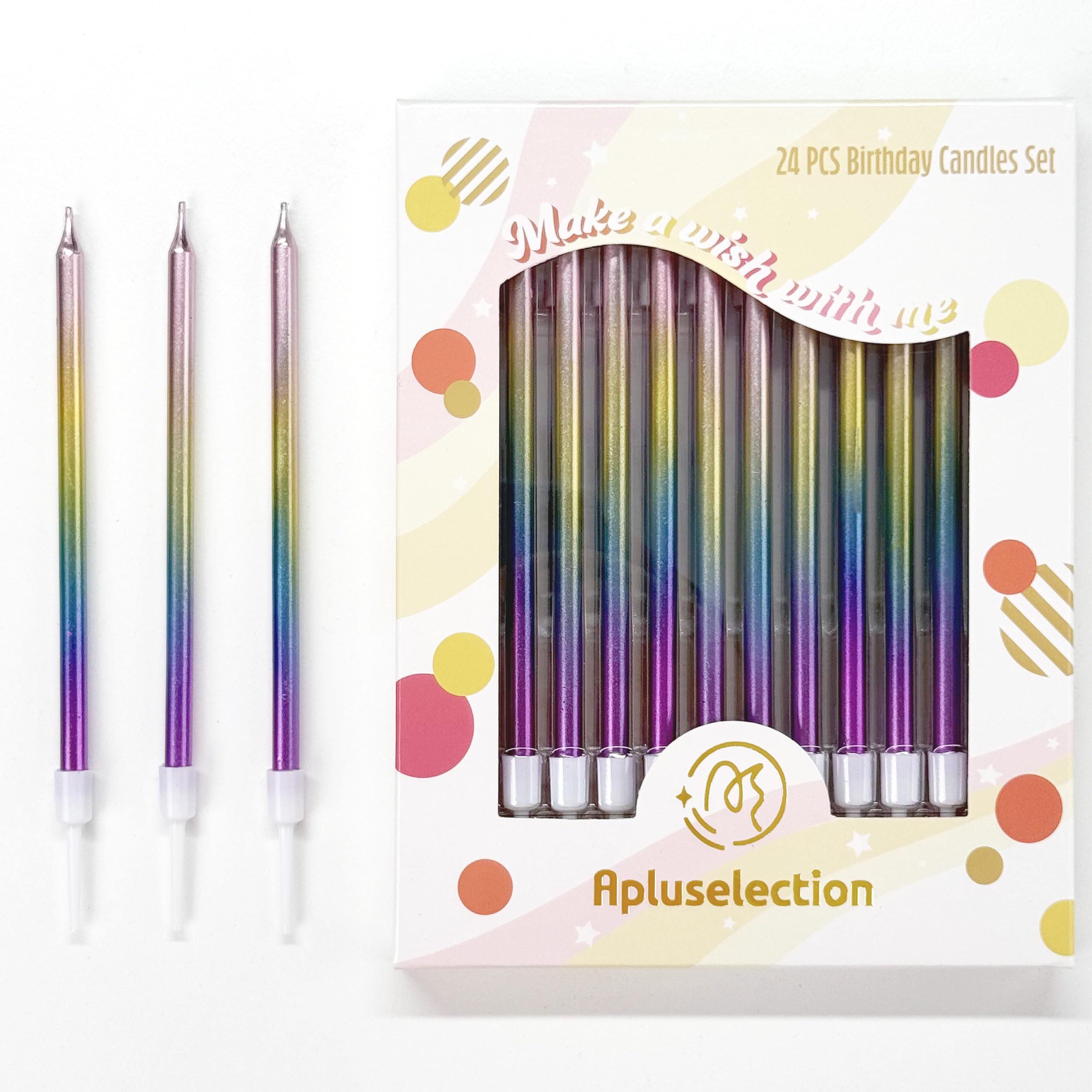 24-Count Gradient Colorful Birthday Candles for Cake, Long Thin Cake Candles, Rainbow Metallic Cupcake Decorations