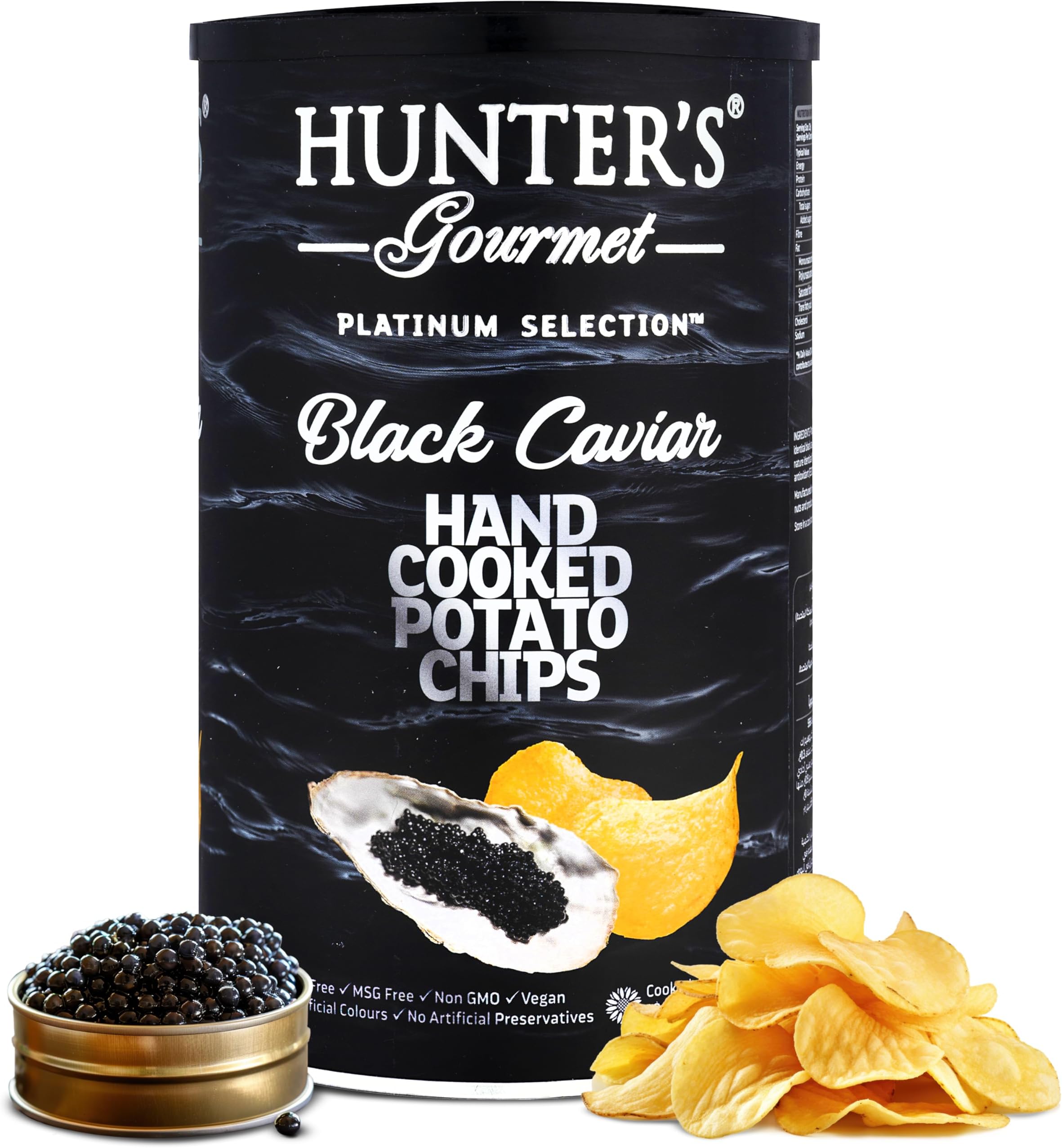 Hunter's Gourmet Cholesterol-Free Chips | No Artificial Colors & Preservatives | Premium Black Caviar | Hand-Cooked | MSG-Free | Special Treats | Gourmet Vegan Chips | Non-GMO | Pack of 1 | 150g