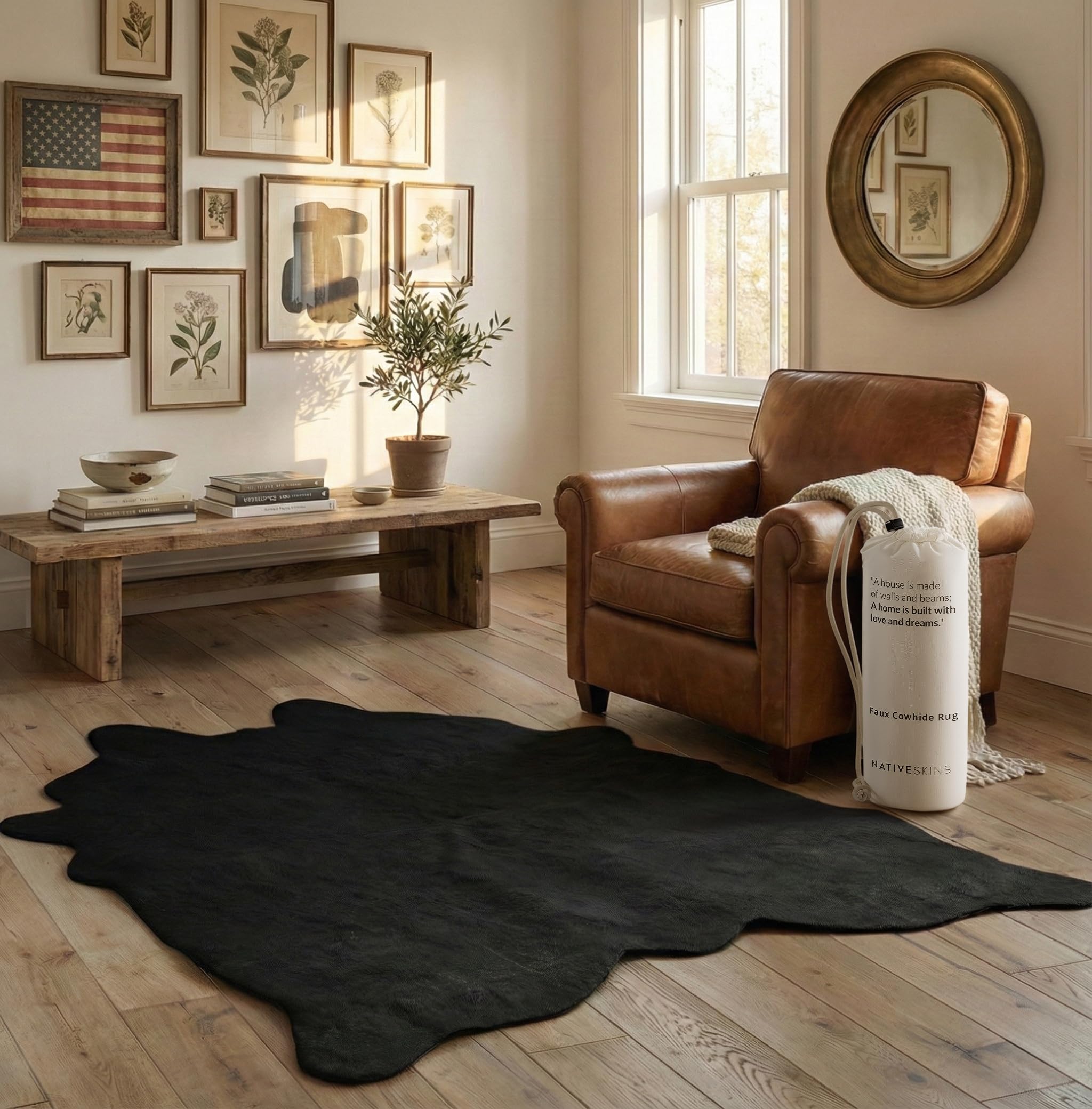 NativeSkins Faux Cowhide Rug – Black Midnight (Oversized) | 6.2ft x 8.2ft | Cow Print | Western Bedroom Decor | Hand-Cut, Faux Suede No-Slip Backing |