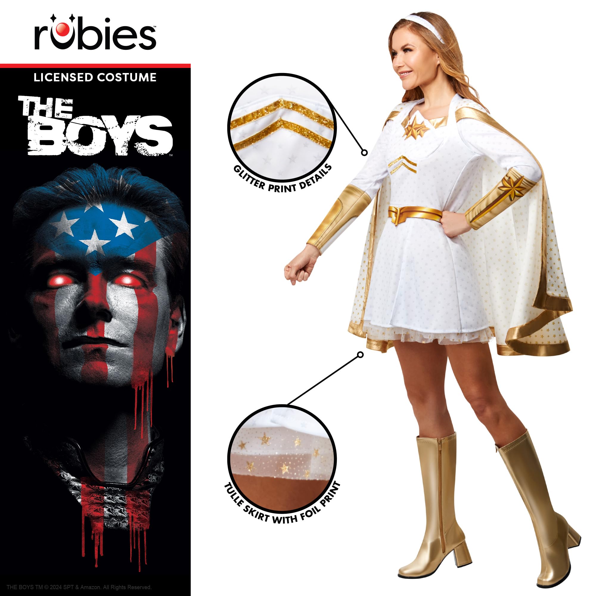 Rubies Kostium Starlight Deluxe damska sukienka z nadrukiem cyfrowo, płaszcz i pasek, oficjalny The Boys na karnawał, Halloween, Boże Narodzenie i imprezy