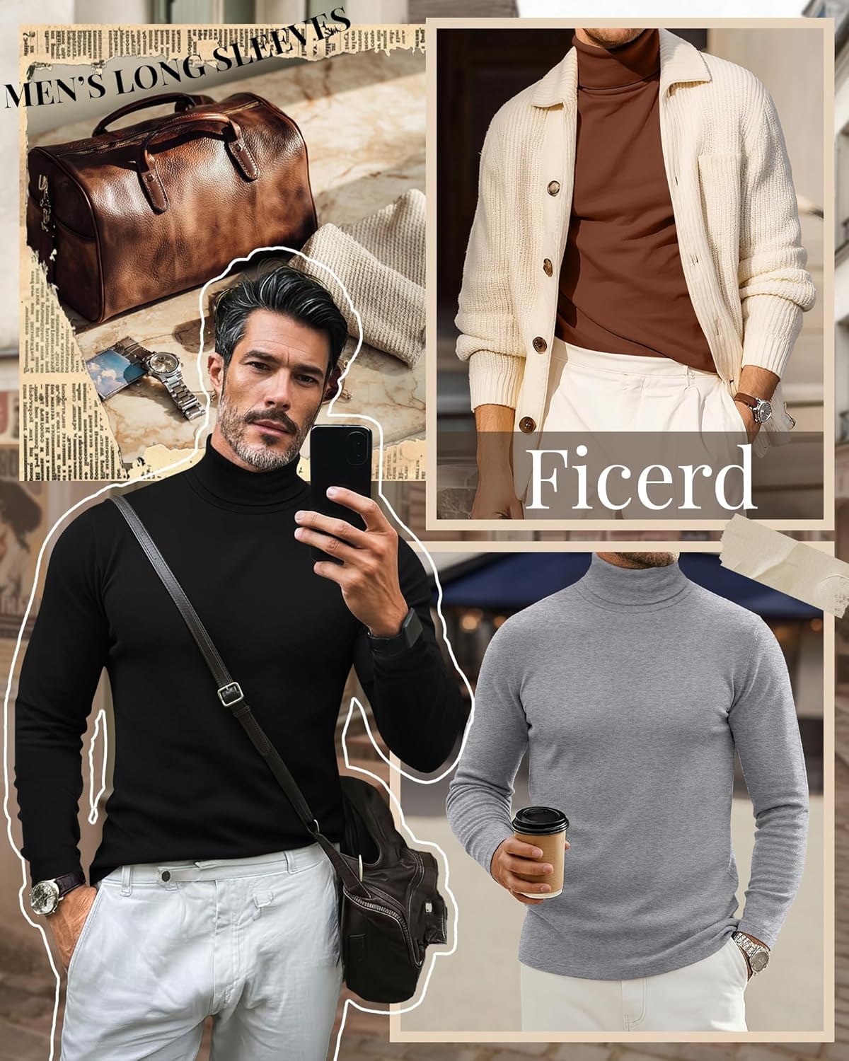 Ficerd 3 Pack Men's Turtleneck Shirts, Long Sleeve Cotton Pullover Sweaters Mock Neck Knitted T-Shirt Basic Slim Fit Tops