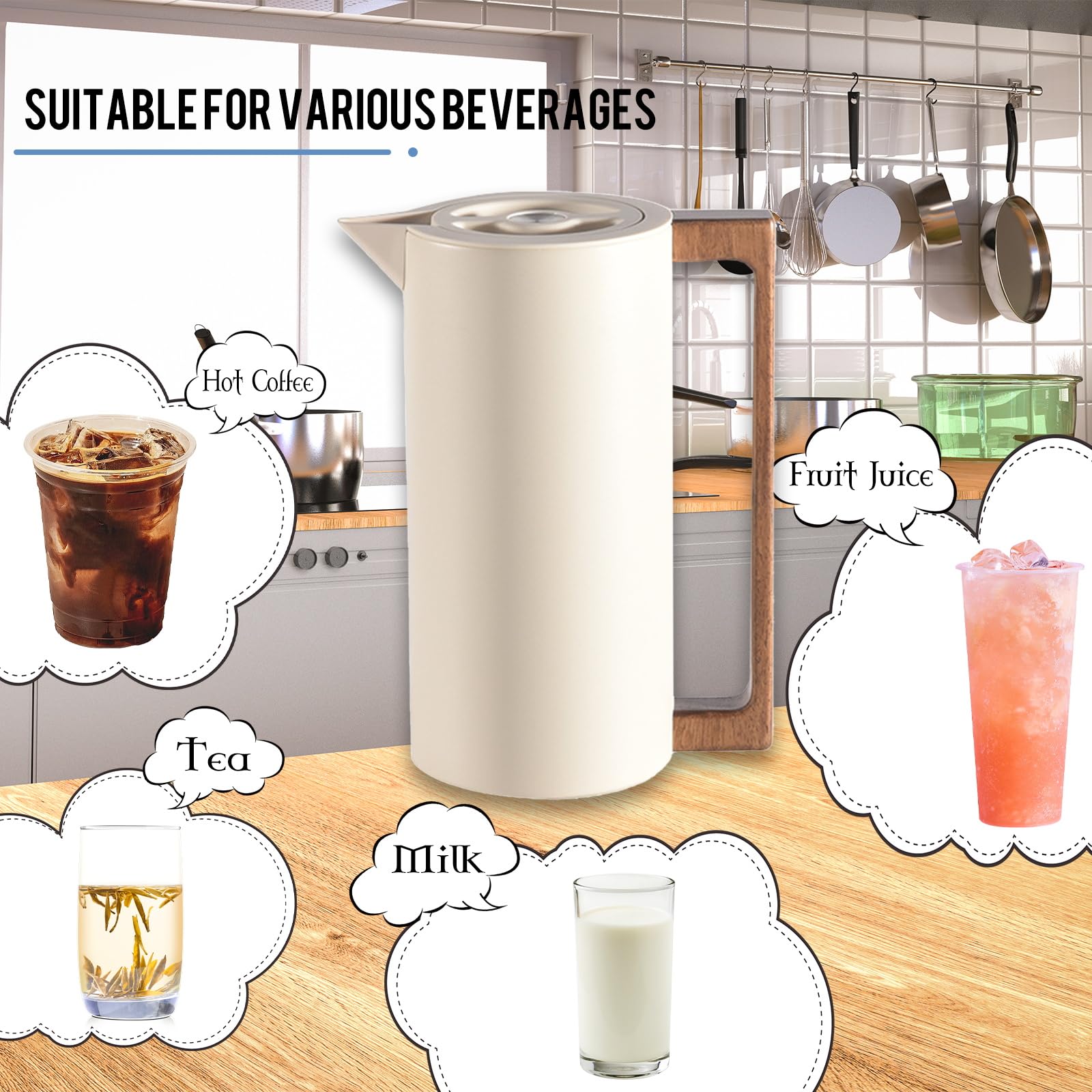 Pichet Isotherme Thermos, Carafe à Café Thermique Acier Inoxydable, Avec Poignée En Bois Et Bouton-poussoir De Sécurité Simple, Pour La Maison, L'hôtel, Le Bureau (Beige,1L)