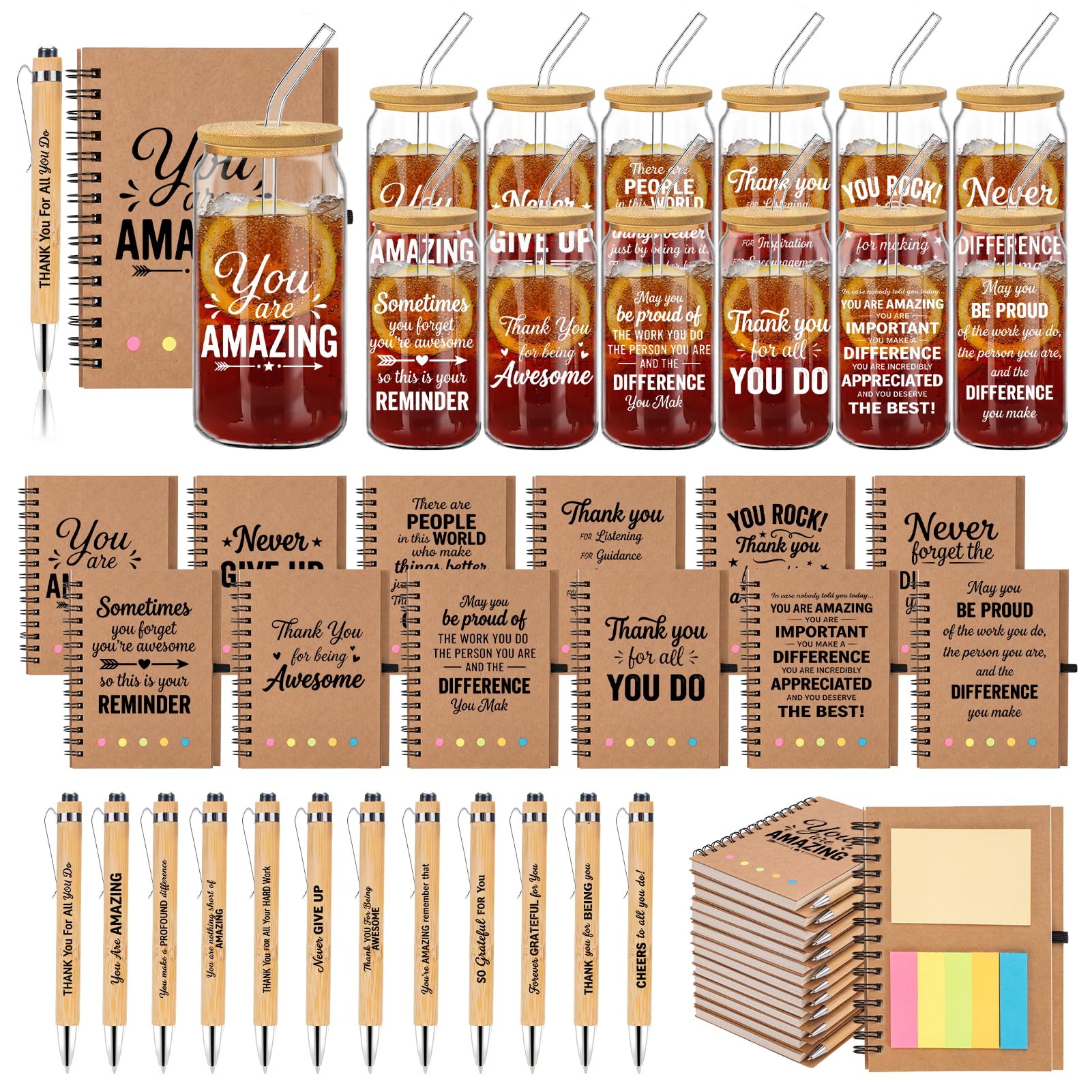 Gobelet en verre 473,6 g et carnet à spirale : lot de 60 pièces premium