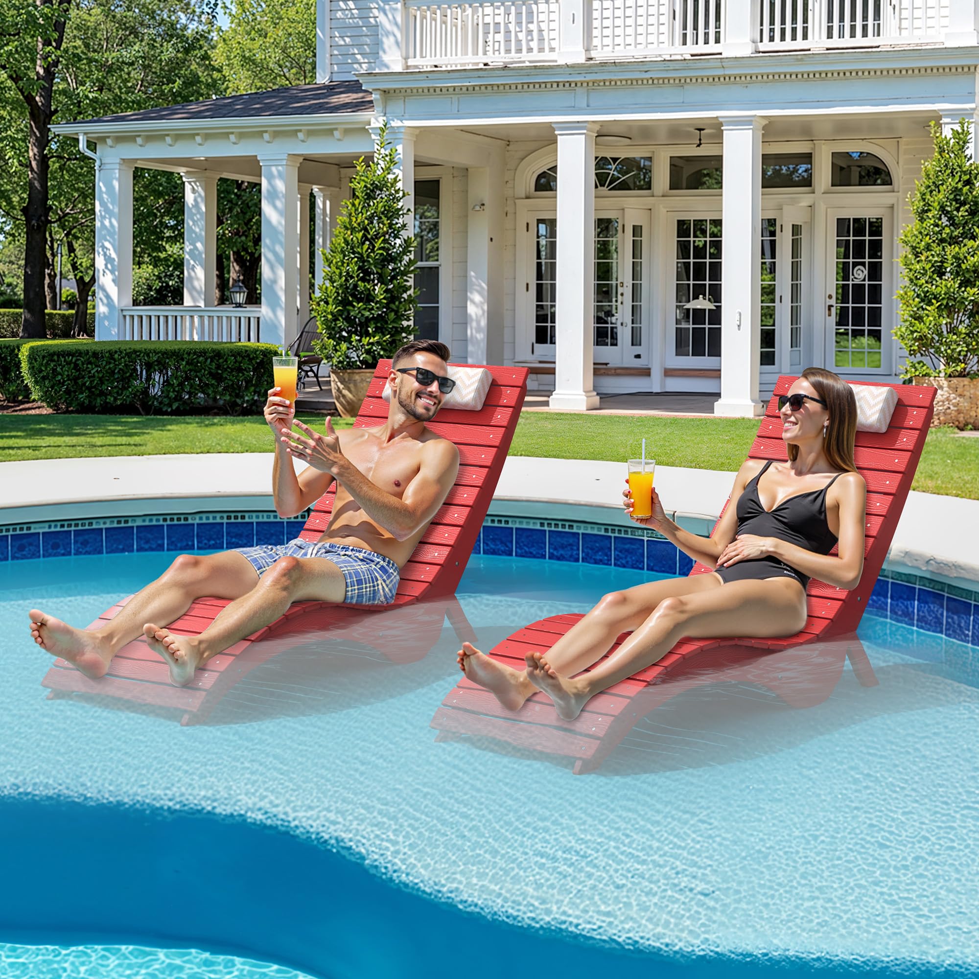 Pool Lounge Chairs - Anti-Floating HDPS Design for Pools & Backyard Sun Decks, Weighted Pool Chairs and Lounges for Poolside or Outside, Includes Headrest, Bright Red