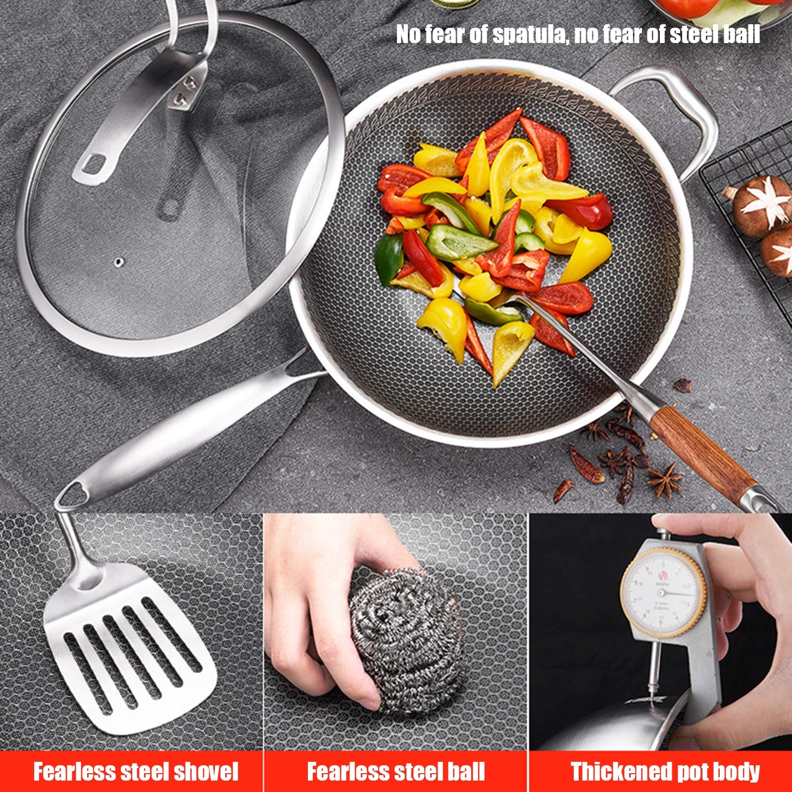 Wok De Acero Inoxidable Antiadherente con Diseño De Panal, Resistente A Rayones Y con Tapa De Vidrio Templado para Cocinas Eléctricas, De Inducción Y De Gas, 34 Cm(34 cm)