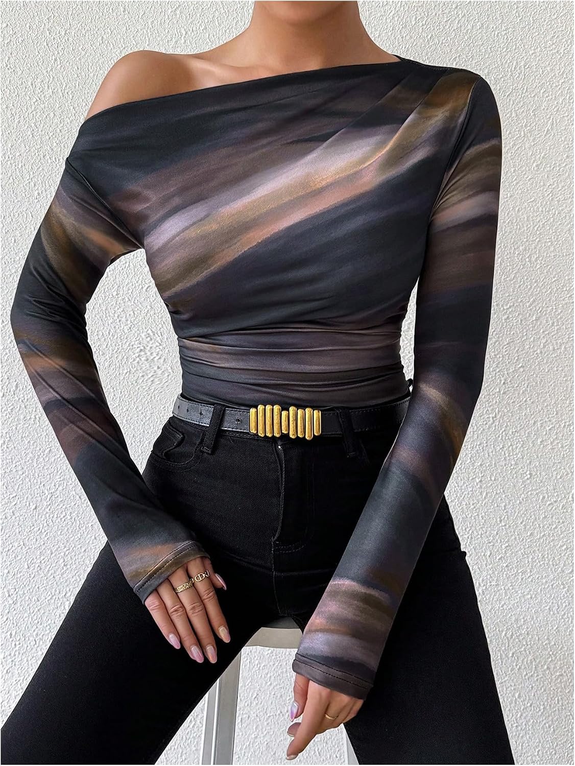 GORGLITTER Women's Ruched Off The Shoulder Top Tie Dye Sheer Mesh Long Sleeve T Shirt Fitted Trendy Going Out Shirts