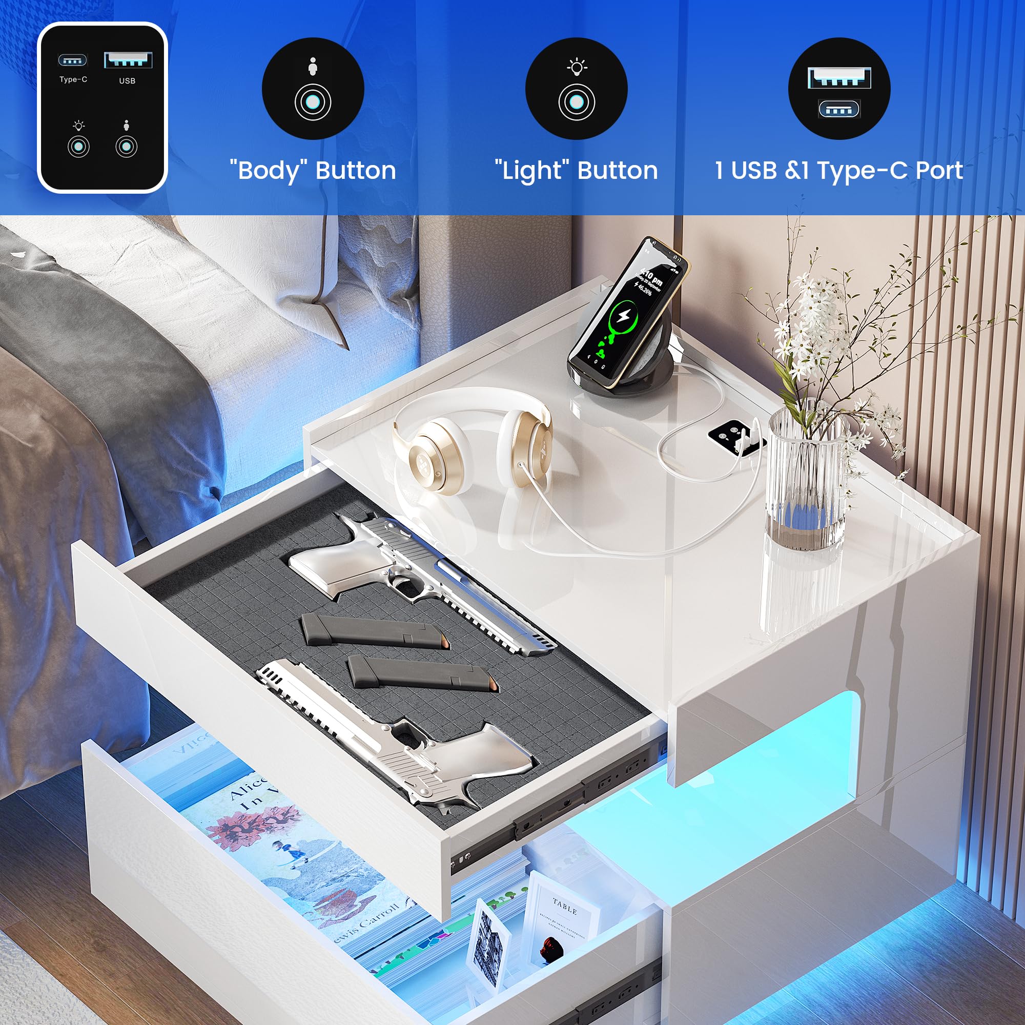 Vlsrka LED Nachttisch mit Ladestation, Nachttische mit USB-Anschlüssen | Moderner Nachttisch mit Bewegungssensor und LED-Beleuchtung, Beistelltisch mit 2 Schubladen für das Schlafzimmer, Weiß
