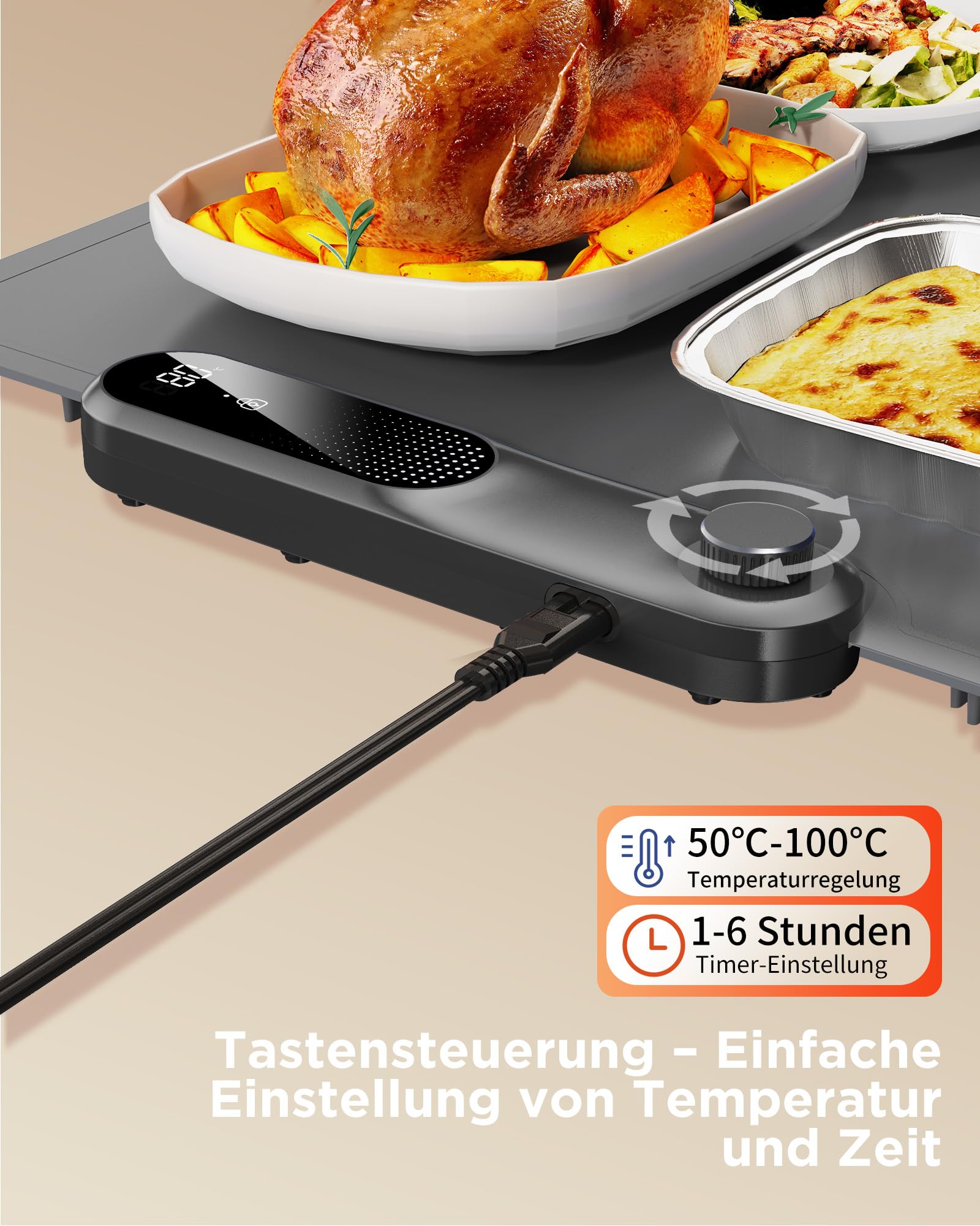 FEPPO Speisen-Wärmematte (XXL 89cm x 40.5cm”), Elektrische Warmhalteplatte für Buffets und Partys, Schnelles Ganzflächen-Heizen für Speisen mit 17-stufig Einstellbarer Temperatur und 6-Stunden-Timer