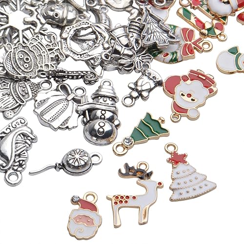 Miniatura 4 de 70 dijes de Navidad de aleación esmaltada, árbol de copo de nieve de Navidad, muñeco de nieve, media campana, ciervos, dijes para manualidades,