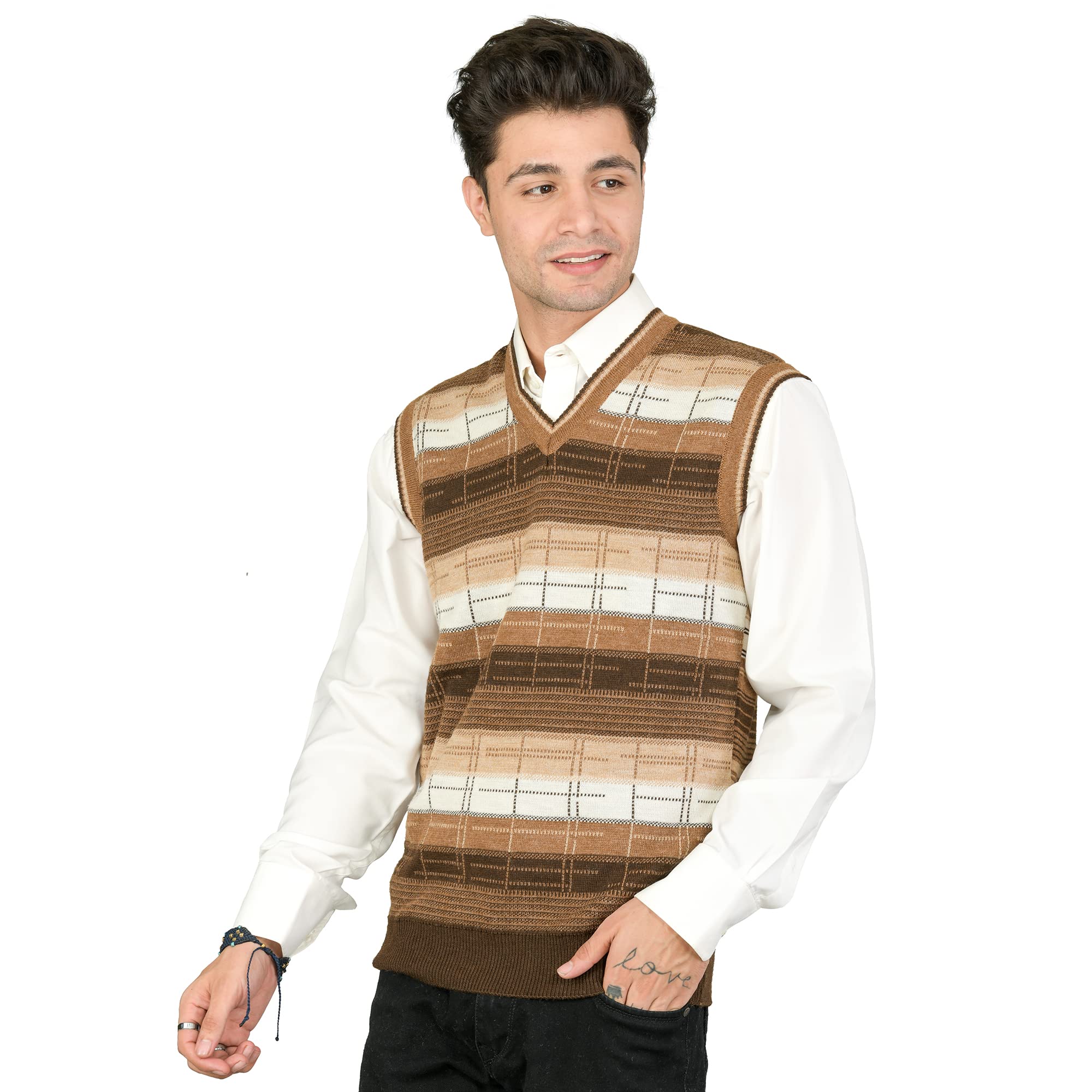 Men Woolen Printed V-Neck Design Sleeveless Pullover Heavy Rainbow Fabric Winter Wear Pure Wool Cardigan Regular Coaty Fully Warm Heavy Pullover Cardigans Free Sizes
