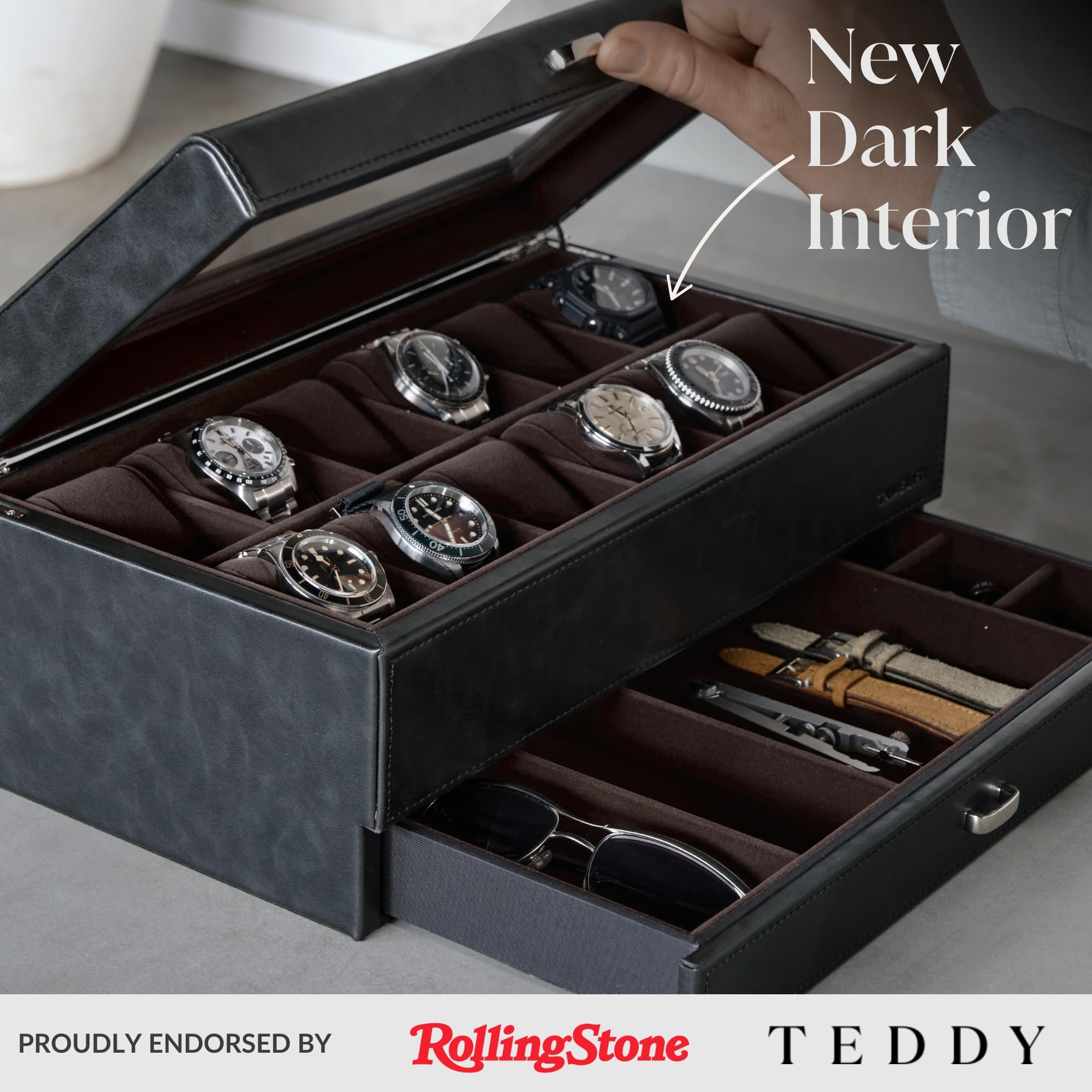TAWBURY Caja de reloj de 12 ranuras con cajón de almacenamiento, caja de reloj de piel sintética negra de alta calidad para hombre, fácil apertura con una sola mano, interior de terciopelo de felpa