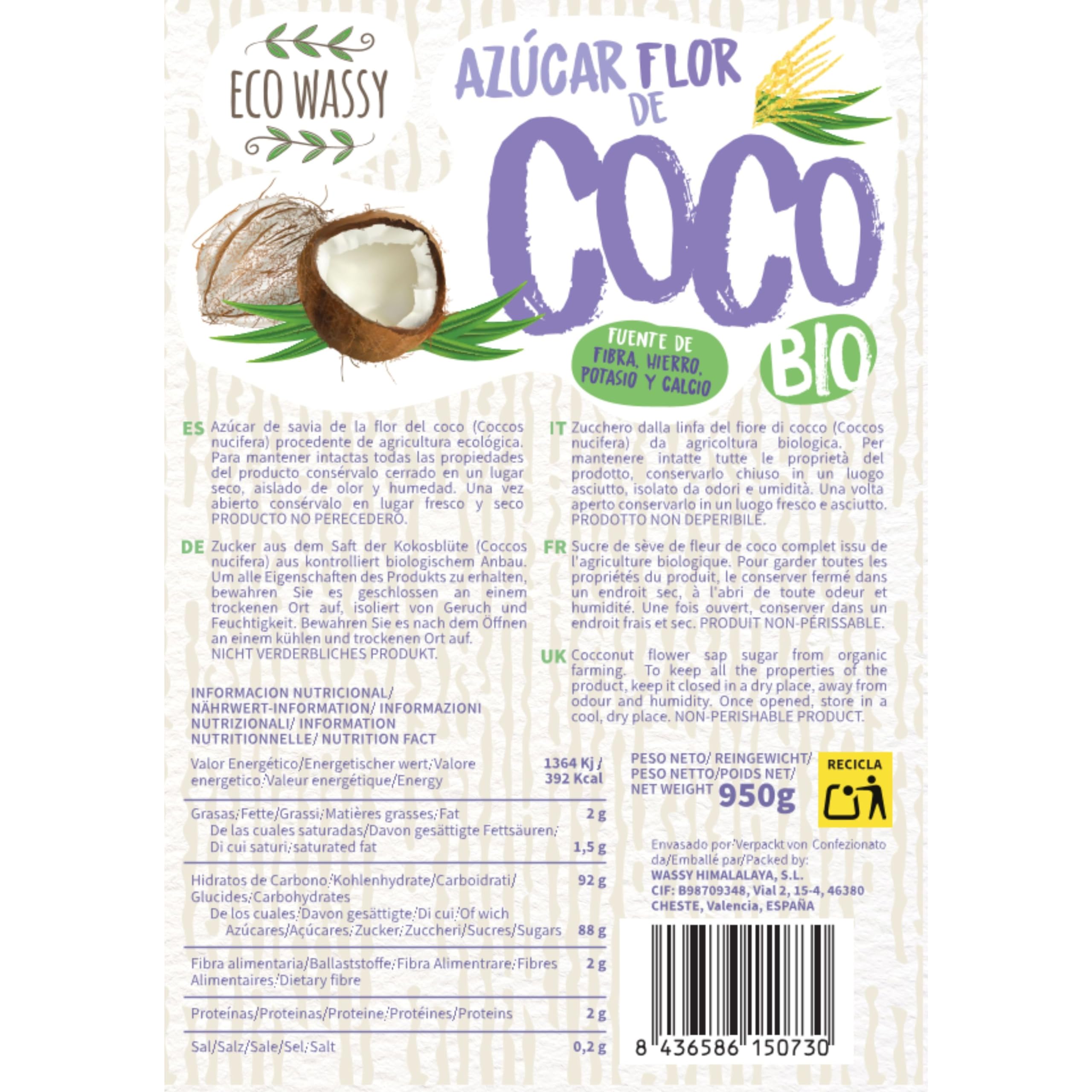 Azúcar De Flor de Coco Orgánico 950g Sin Gluten Bajo Índice Glucémico Vegano