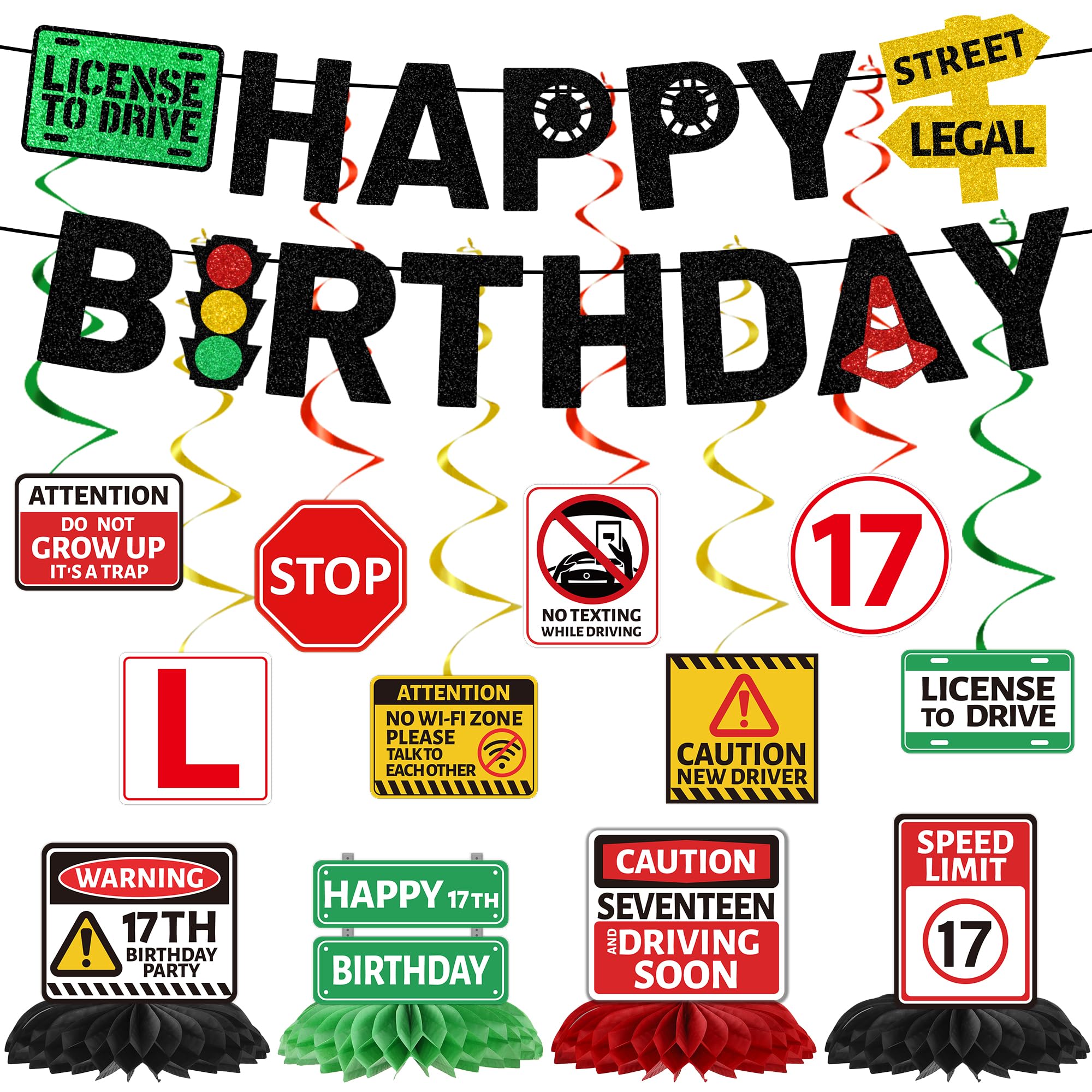 Learner Driver Gifts 17th Birthday - 14pc Banners, Hanging Swirls, Honeycomb Decorations, 17th Driver License Transportation Car Road Signs Theme Party Supplies for 17 Year Old Birthday