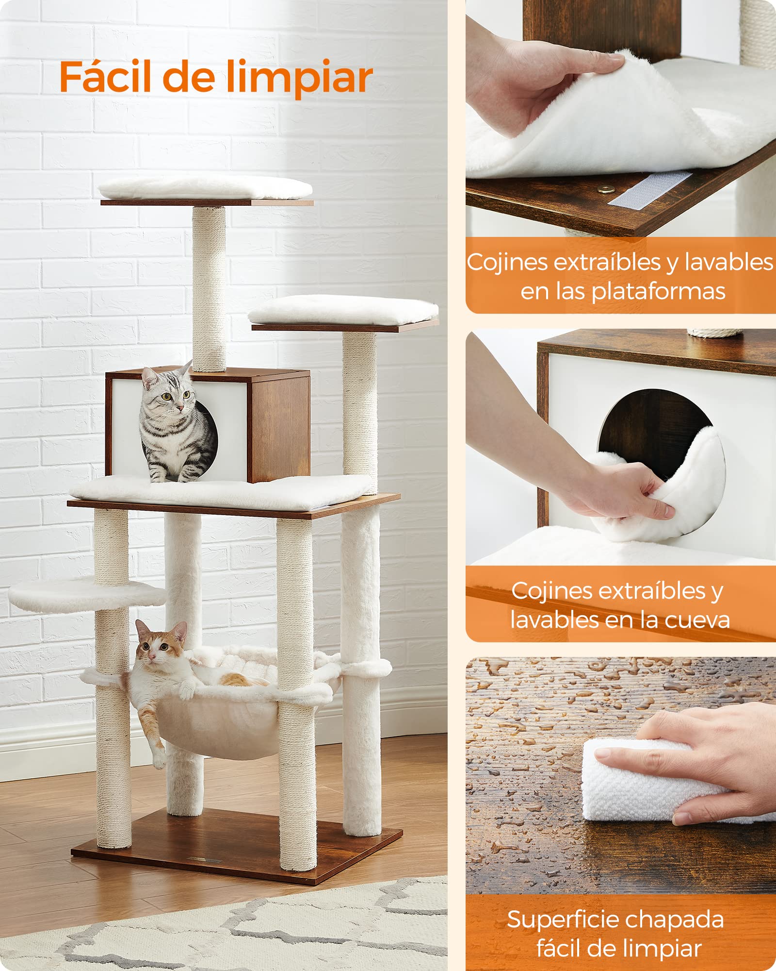 FEANDREA Árbol para Gatos de Interior 138 cm - Torre Moderna con Postes de Rascado, Hamaca, Felpa Suave, Cojines Lavables, Condominio de Varios Niveles, Marrón Rústico