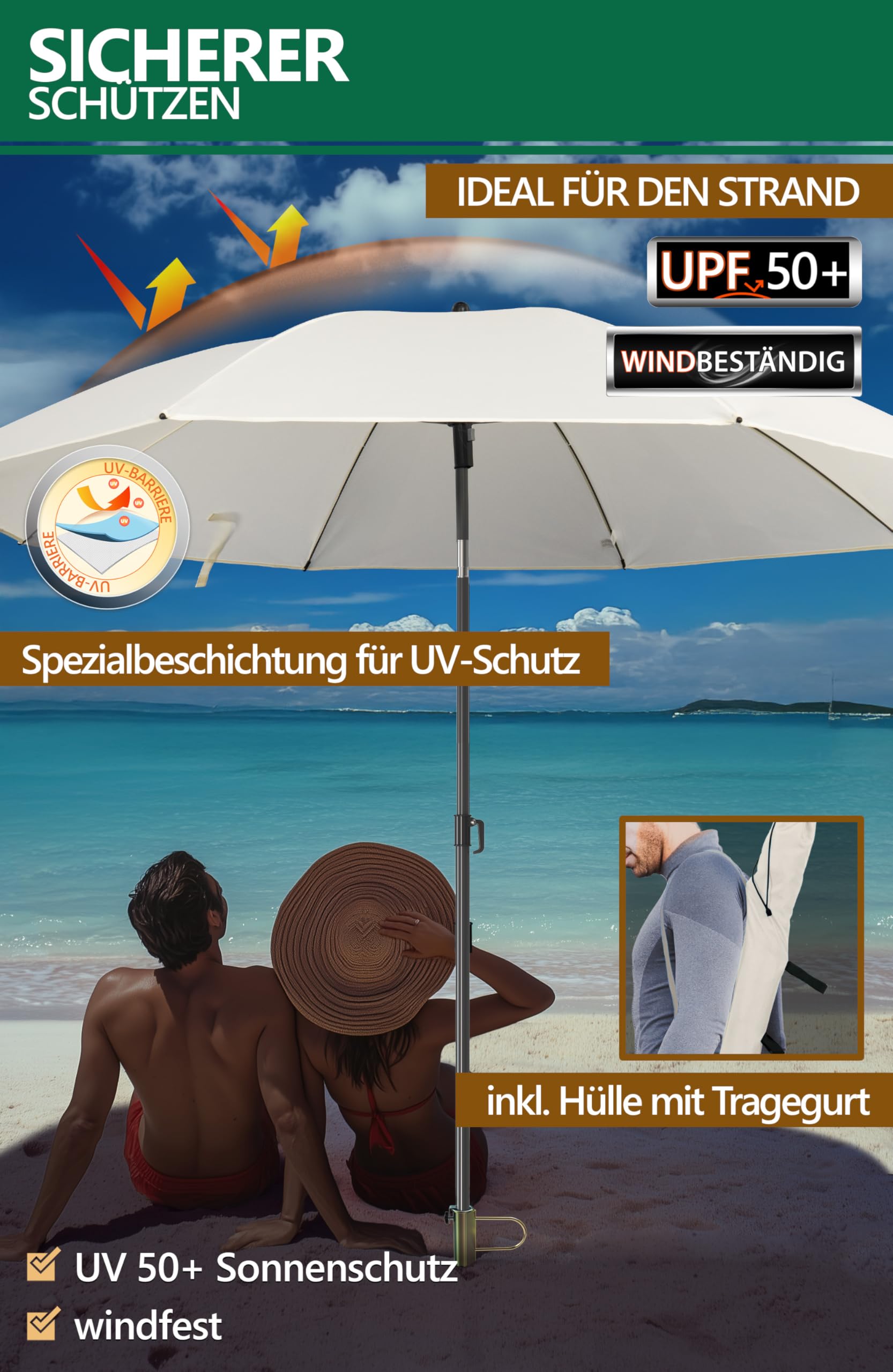 4smile Sonnenschirm Strand SunnyJoy Modern im 3er-Set, Beige - Strandschirm windfest stabil 180 cm + Rasendorn Sonnenschirmhalter + Schirmhülle - Sonnenschirm mit Rasendorn, Schirmspieß Garten
