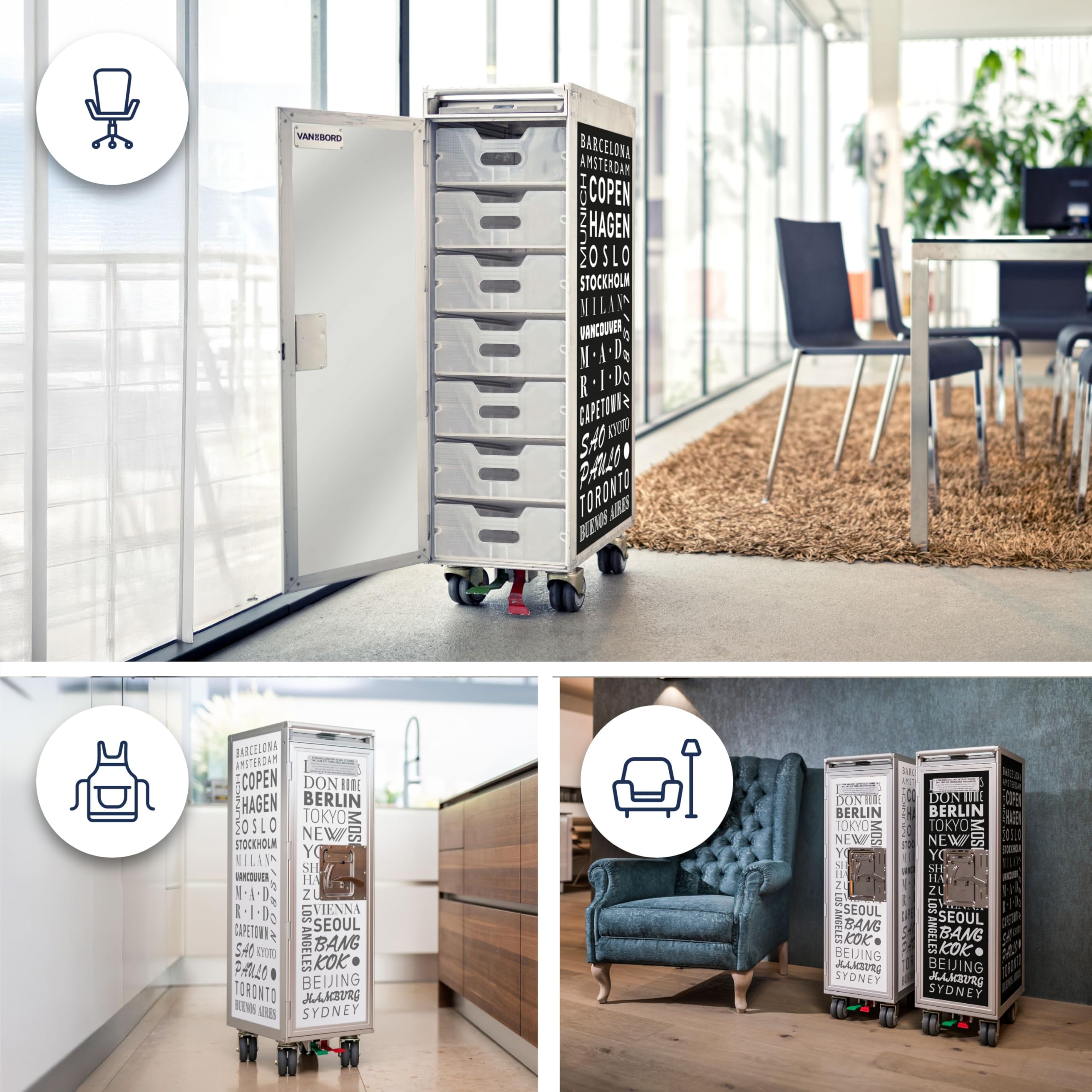 Airline Trolley Cosmopolitan, Büroschrank, Industrial Style Möbel, Schubladenschrank, Norm: Atlas, 103 x 30,5 x 40,5, Flugzeugtrolley, Schwarz, 7 Einschübe