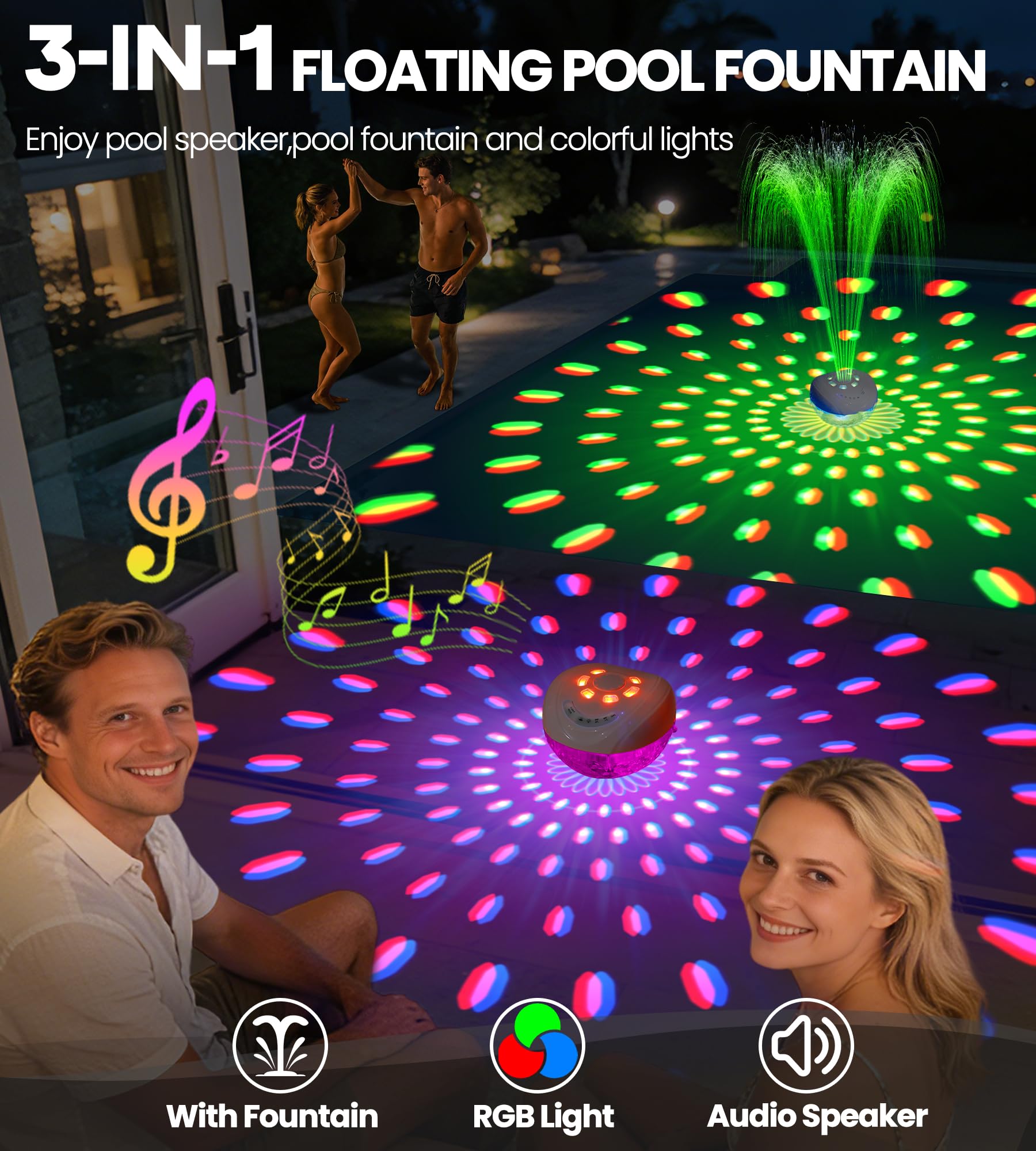 Luxfero 3 in 1 Altoparlante per Piscina con Fontana & Luminosa,Altoparlante Bluetooth Piscina,Cassa Bluetooth Impermeabile IP68,BT5.4,Suono Stereo Altoparlante Bluetooth Potente,Fontana per Piscina