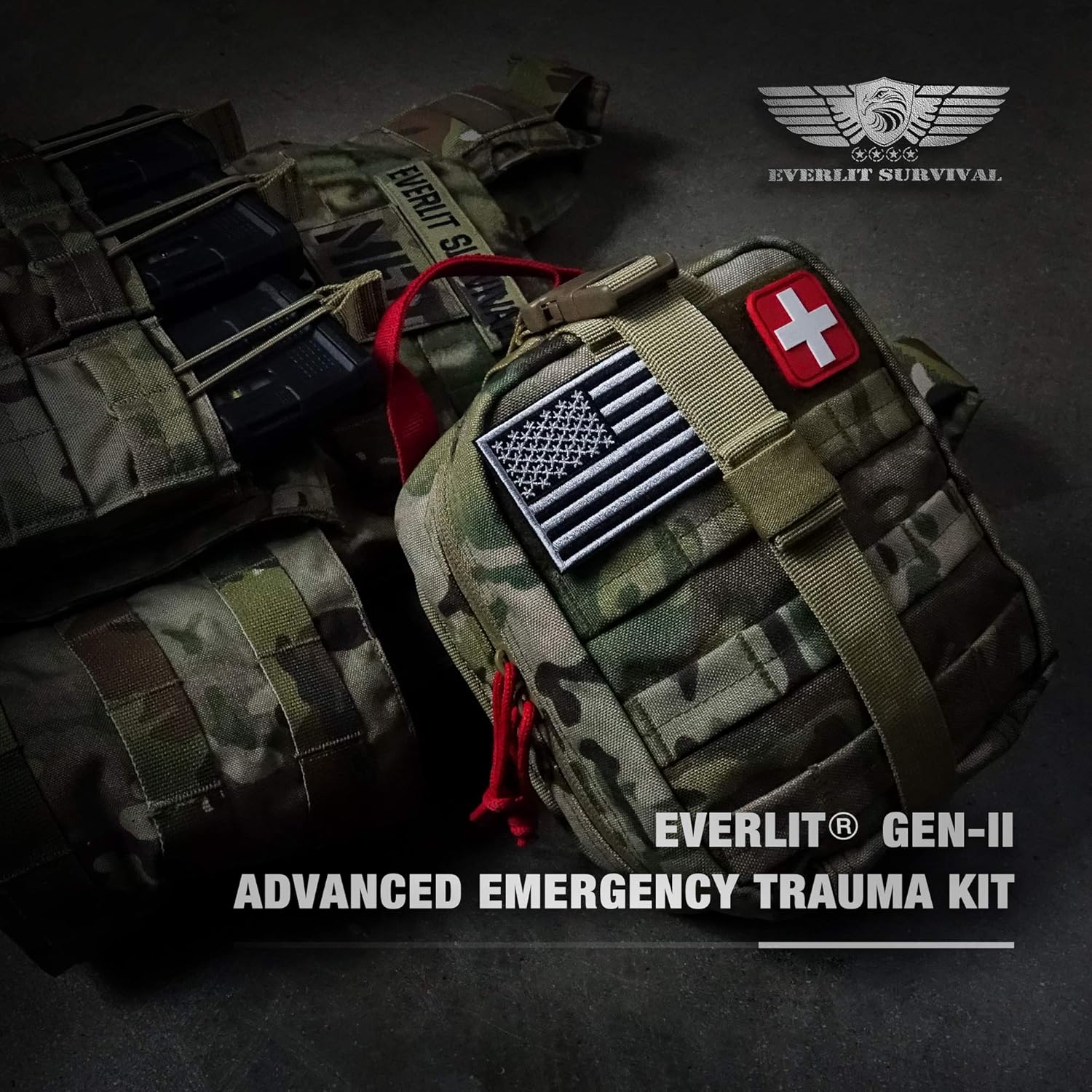 EVERLIT Advanced Trauma Kit, CAT GEN-7 Tourniquet, TCCC Compliant, Mil-Spec Nylon Laser Cut Pouch with 36" Splint, Military Combat Tactical IFAK for Emergency Bleeding Control