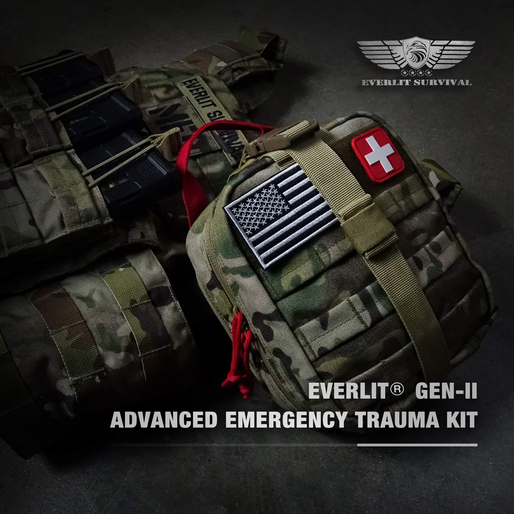 EVERLIT Kit avanzado de trauma de emergencia, CAT GEN-7 Torniquete Mil-Spec Nylon Cut Pouch with 91.4 cm Split, Military Combat Tactical IFAK for First Aid Response Bleeding Control (Multicam)