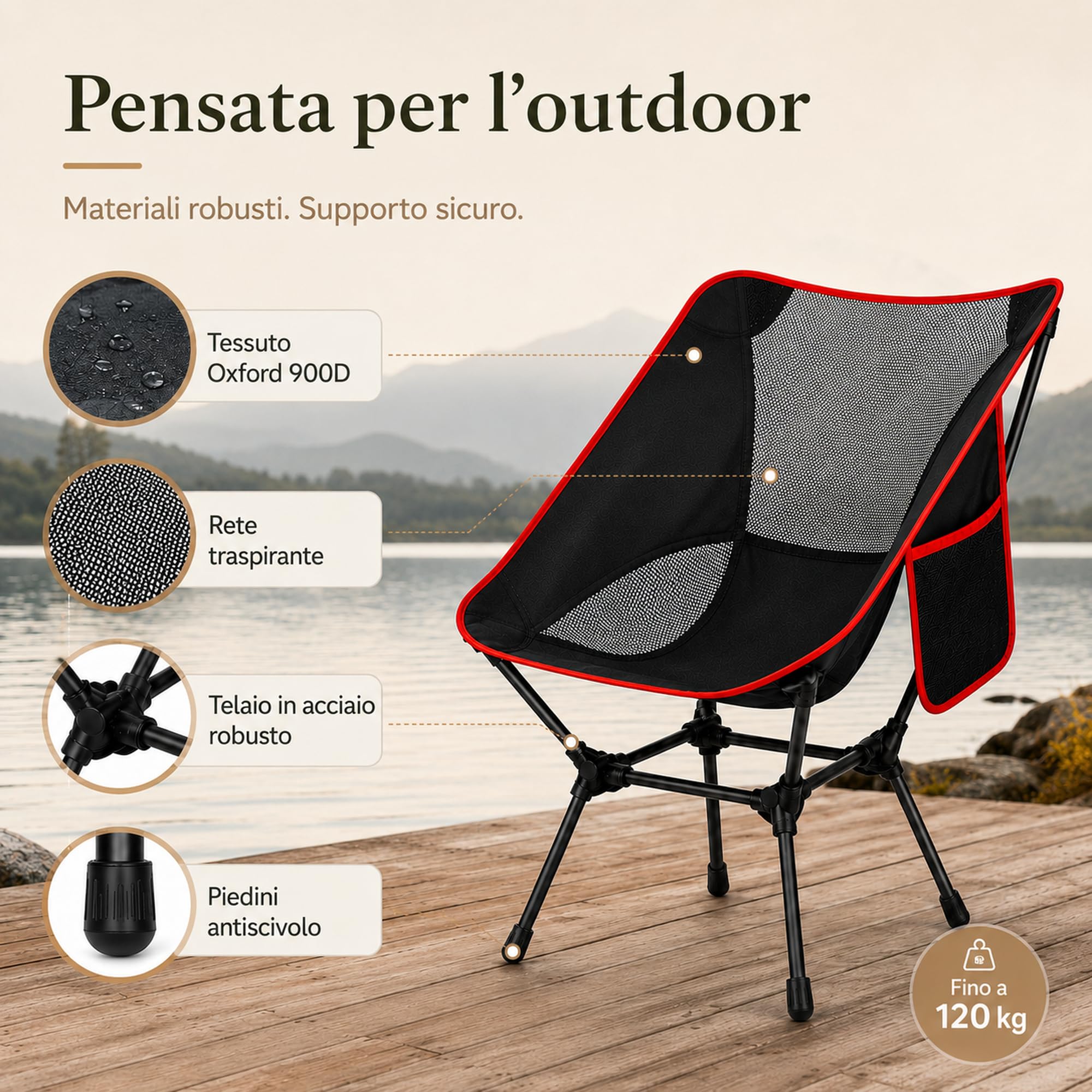 Sedia da spiaggia pieghevole fino a 120 kg, sedia campeggio pieghevole Oxford 900D con tasca laterale e borsa di trasporto, per mare, pesca, giardino ed esterno