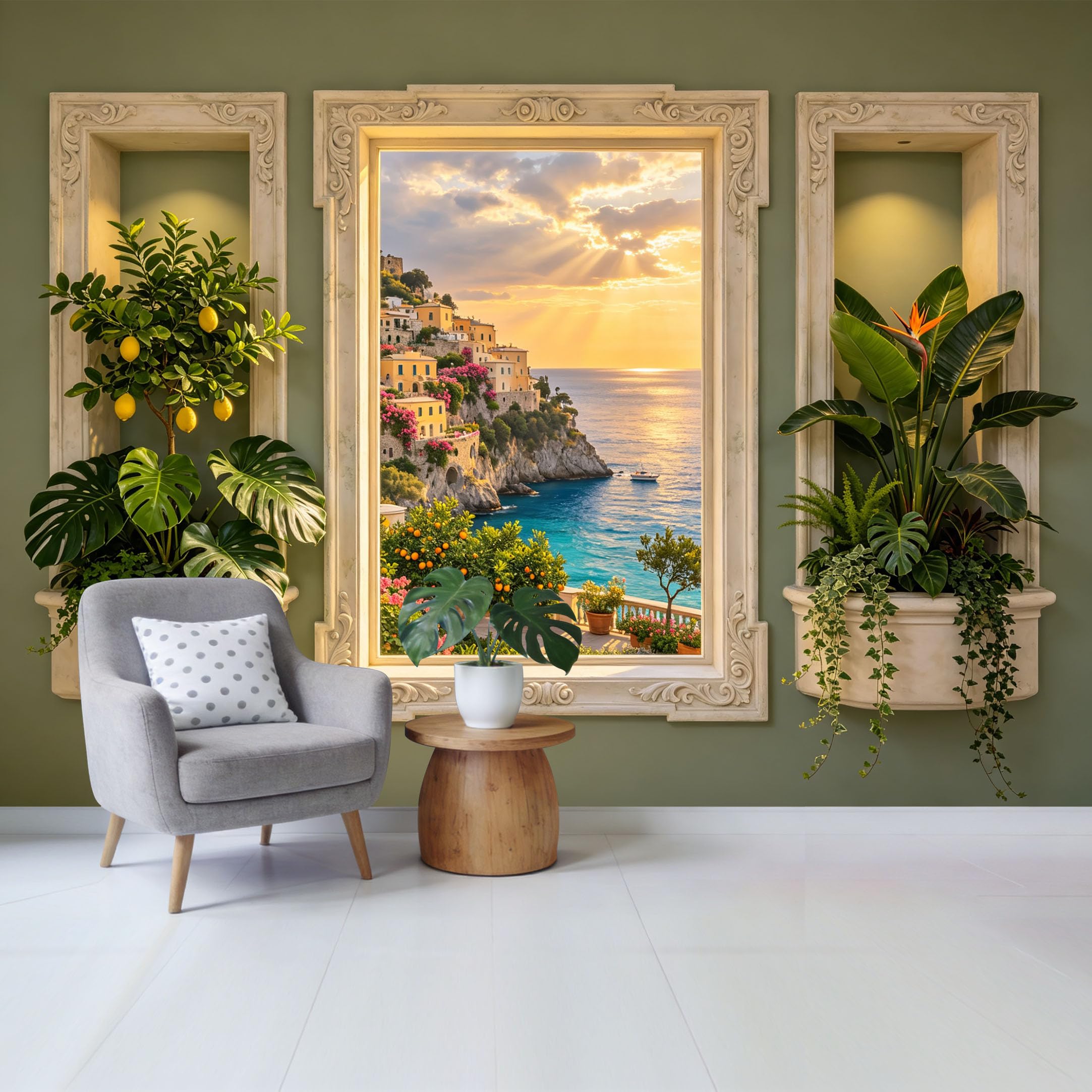 Removable Self Adhesive Fabric Mural， Mediterranean Coastal Landscape Custom Size Wall Covering， UV Protected Waterproof Washable Wall Decor for Living Room Bedroom Bathroom