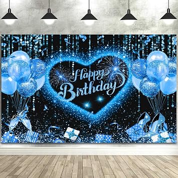 Happy Birthday Backdrop Banner, Glitter Blue Ballons Champagne Women High Heels Sweet Love Heart Happy Birthday Photography Background Sweet Girls Birthday Party Banner Decorations, 72X44In