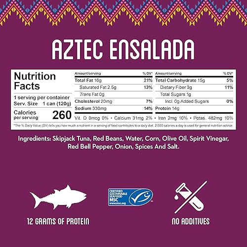 Freshé Atún enlatado gourmet (ensalada azteca, paquete de 10 unidades de lata de 4.25 onzas) Atún enlatado capturado de forma sostenible que es un