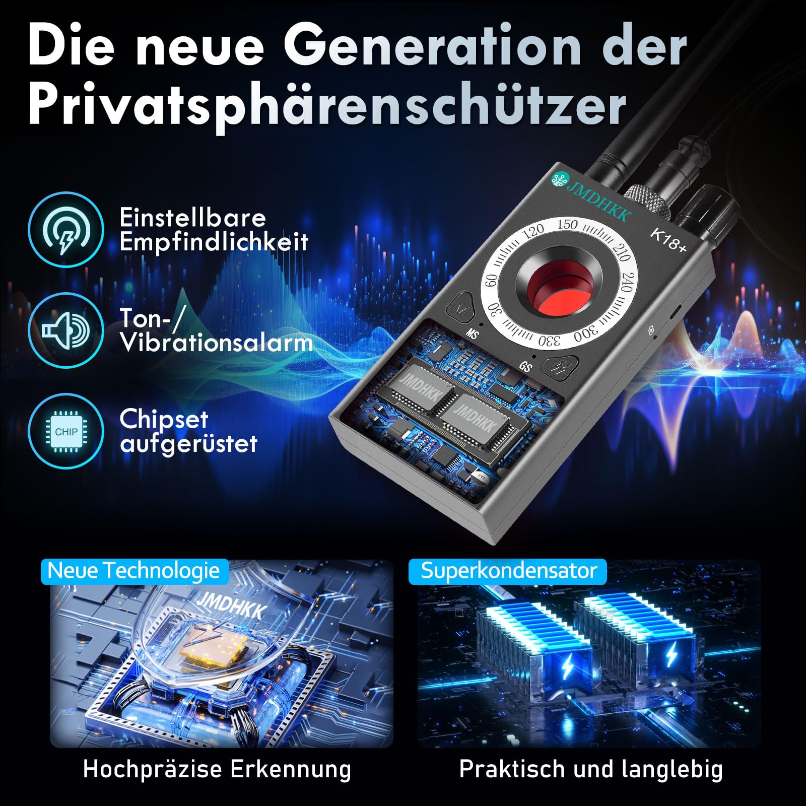 JMDHKK K18+ Versteckter Kamera-Detektor, Spionagekamera-Finder, Wanzendetektor, Magnetfeld-Detektor, Abhörgerät-Detektor für Sicherheit zu Hause, im Büro, Hotel und auf Reisen(Grau)
