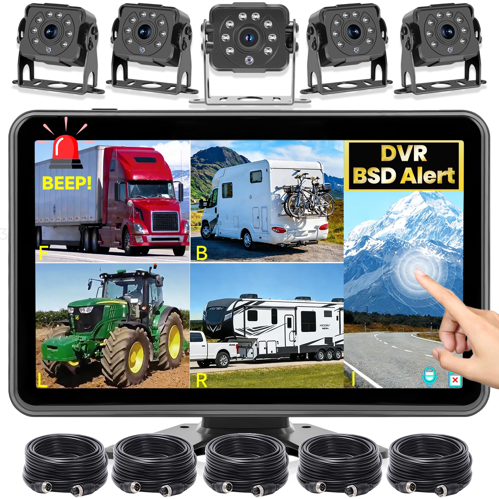 Photo 1 of 5-Channel Wired Backup Camera System, 10.1" DVR HD Touch Monitor & 1080P Rear Side Camera, Blind Spot Detection Waterproof IR Night Vision Security Camera for Truck/RV/Semi/Trailer/Tractor/Motorhome