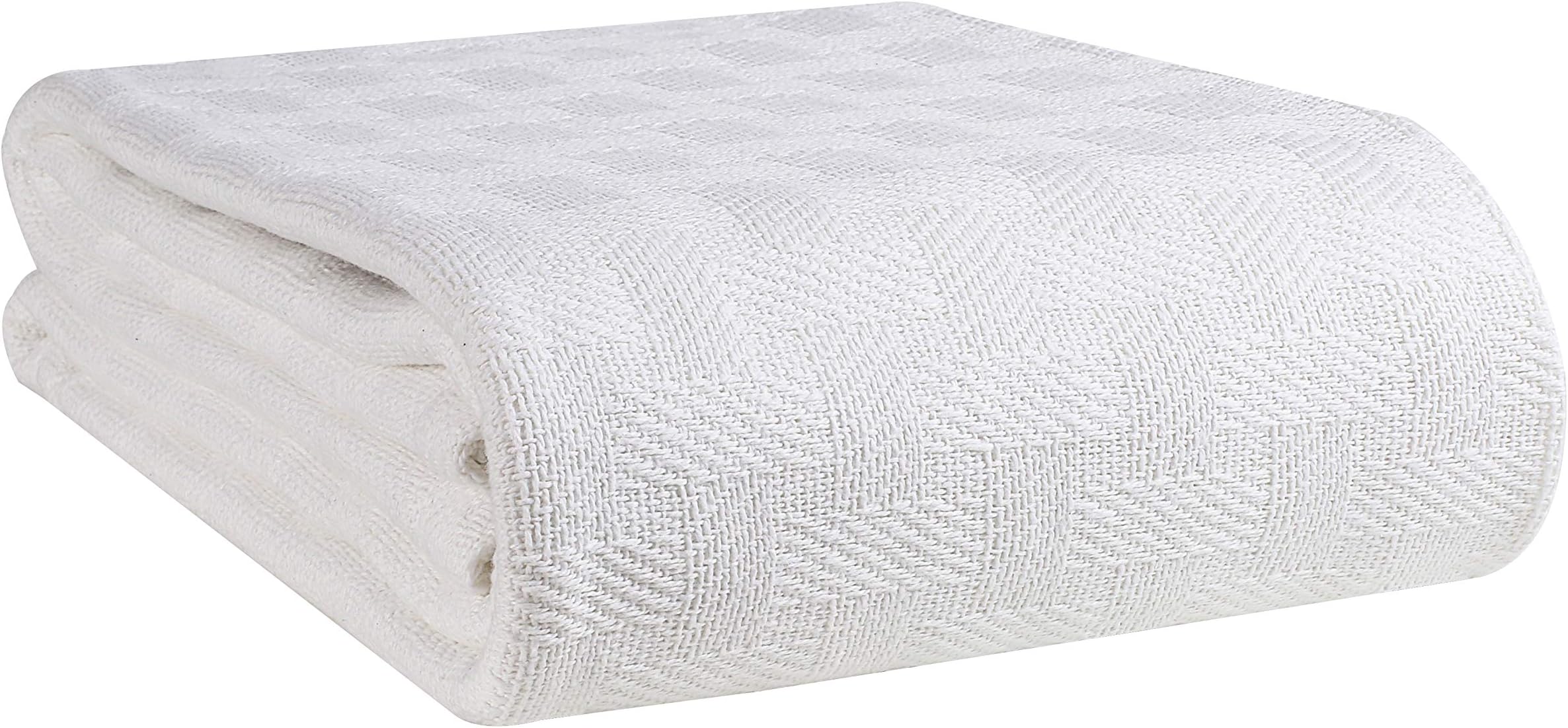 100% Cotton Bed Blanket, Breathable Bed Blanket Twin Size, Cotton Thermal Blankets Twin Size - Perfect for Layering Any Bed for All Season - White