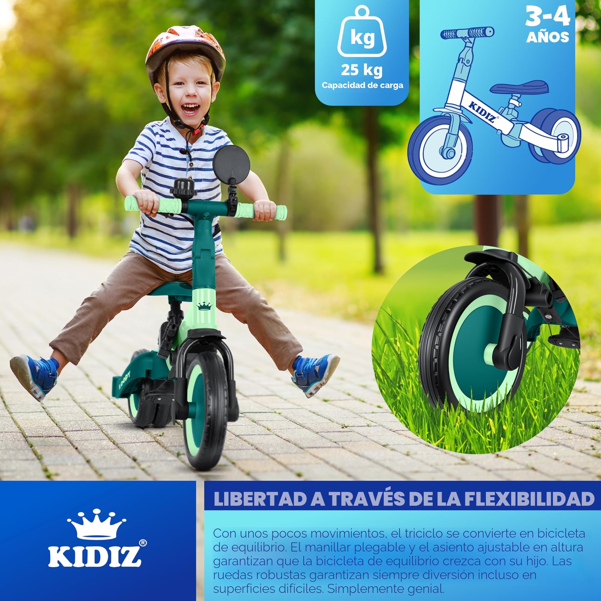 KIDIZ® 6en1 Bicicleta de Balance, Triciclo para niños de 1 año a 5 Años, Capacidad de Carga hasta 25kg, Incl. Manillar/Barra de Seguridad/Cinturón de Seguridad/Timbre/Espejo