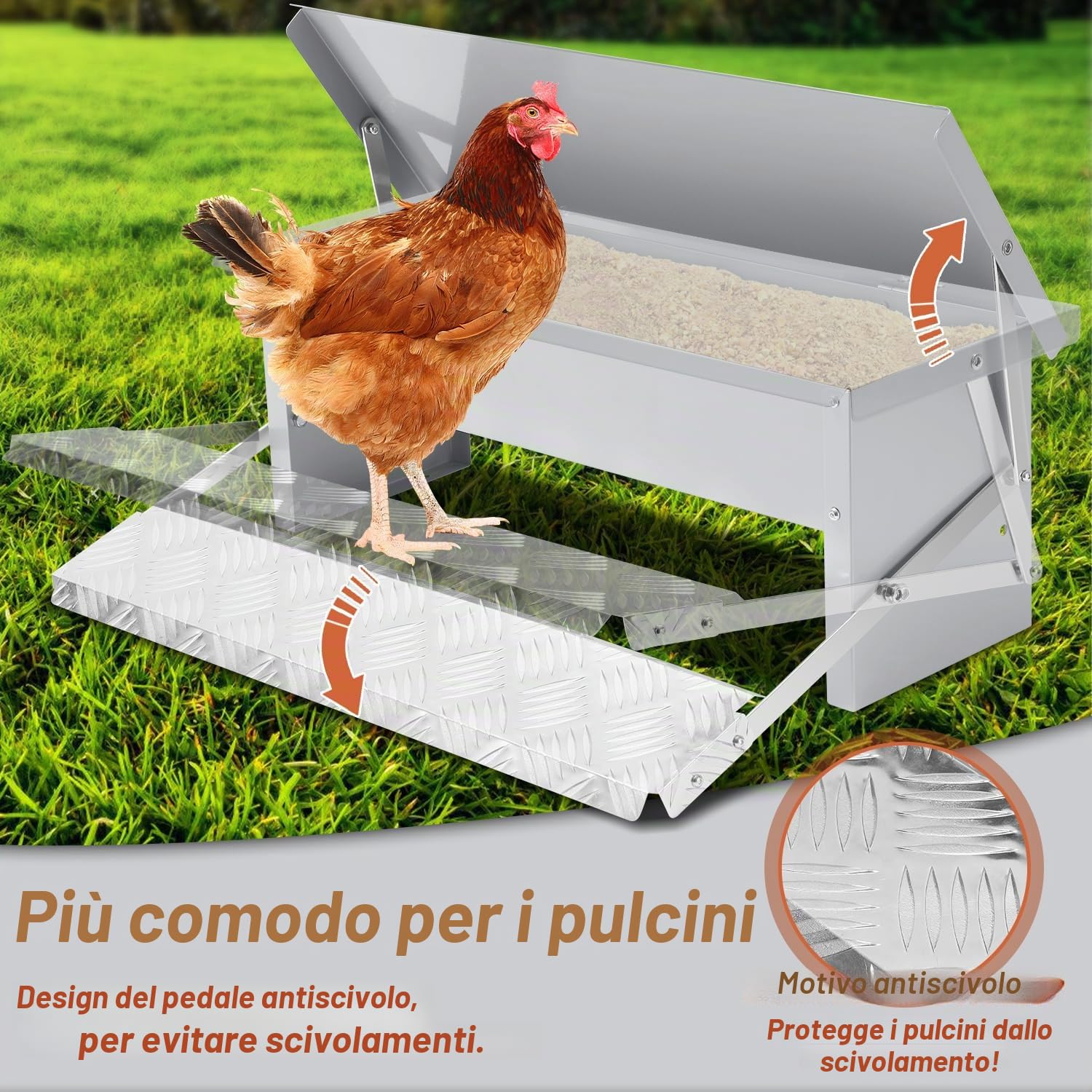 Sonnewelt Mangiatoia automatica per polli in acciaio zincato, 5 kg, distributore di mangime per polli, mangiatoia con pedale automatico e copertura impermeabile, mangime per polli e altri volatili