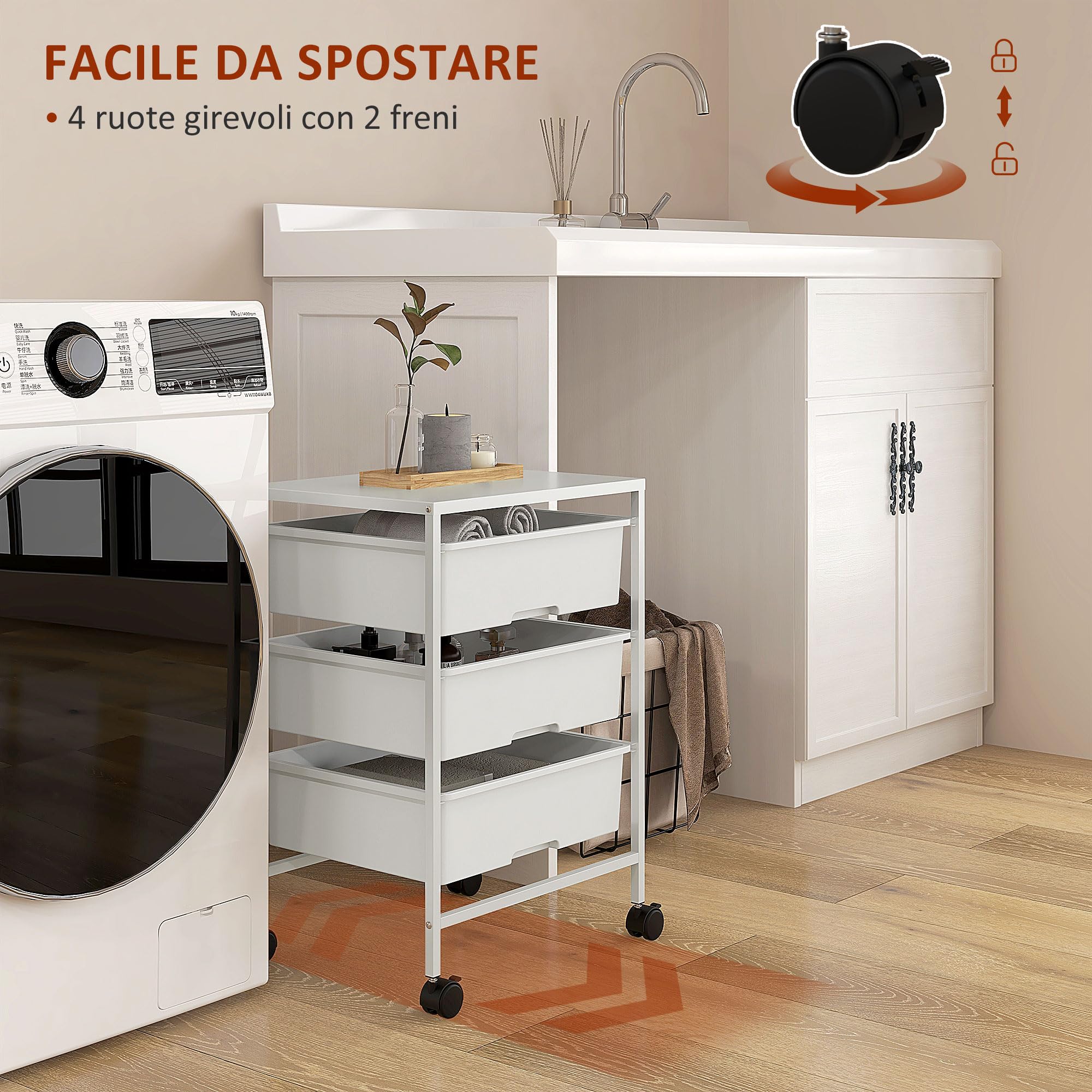 HOMCOM Carrello Portaoggetti con 3 Cestini Estraibili e Ruote, Carrello da Cucina Salvaspazio in Acciaio e Plastica, Bianco