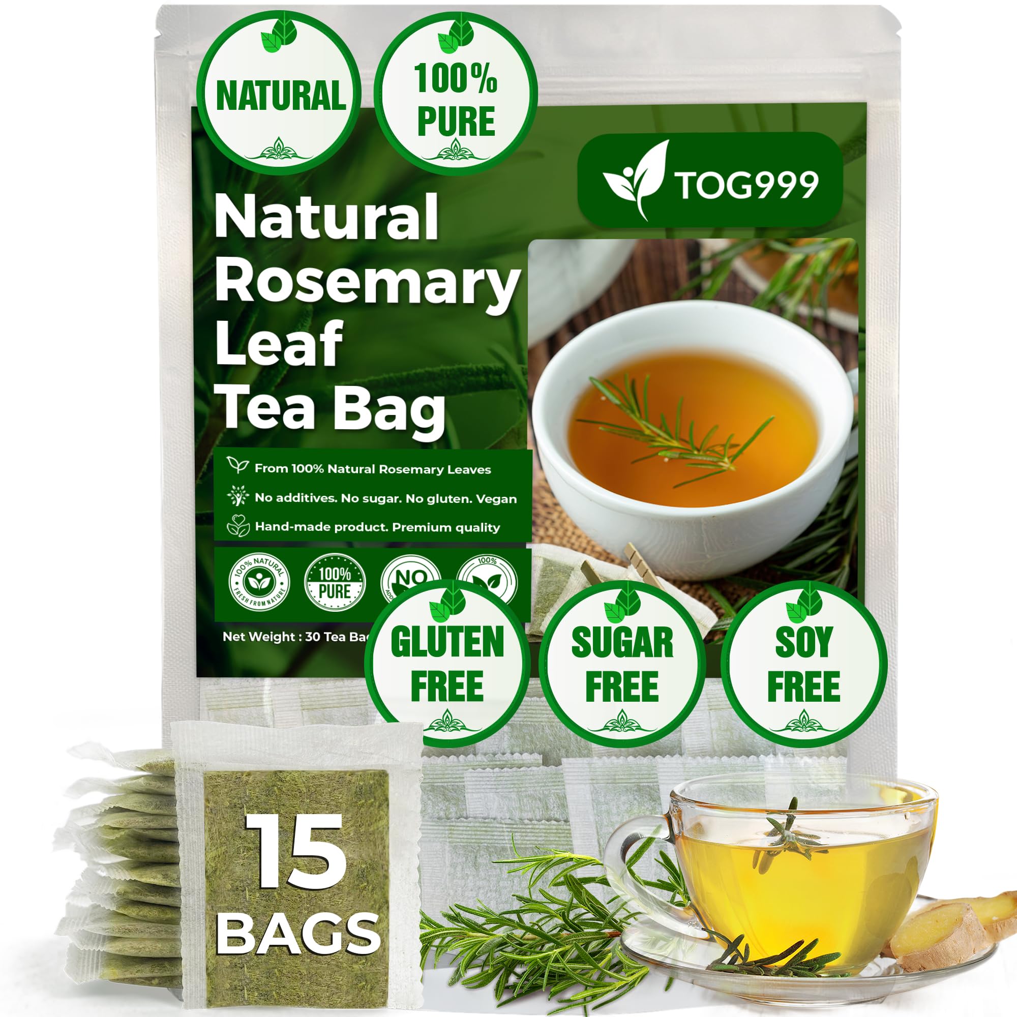 TOG999, 15 Rosemary Leaf Tea Bags, 100% Natural & Pure from Rosemary Leaves. Loose Leaf Rosemary Herbal Tea. Rosemary Leaf Tea. No Sugar, No Caffeine, No Gluten, Vegan.