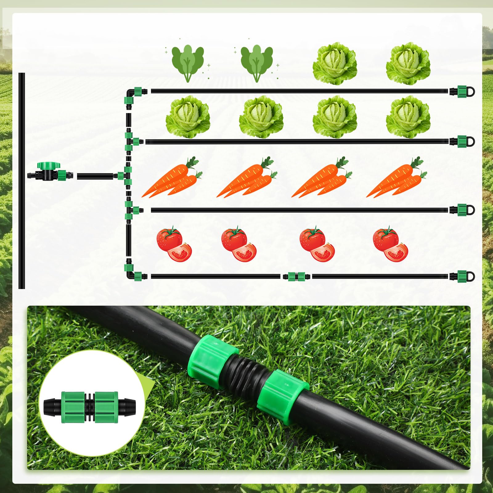 Kit de riego de cinta de goteo de 500 pies y 5/8 pulgadas, cinta de goteo de 8 mil 8 pulgadas, manguera de espaciado, sistema de tubería de riego de jardín, equipo de riego automático para