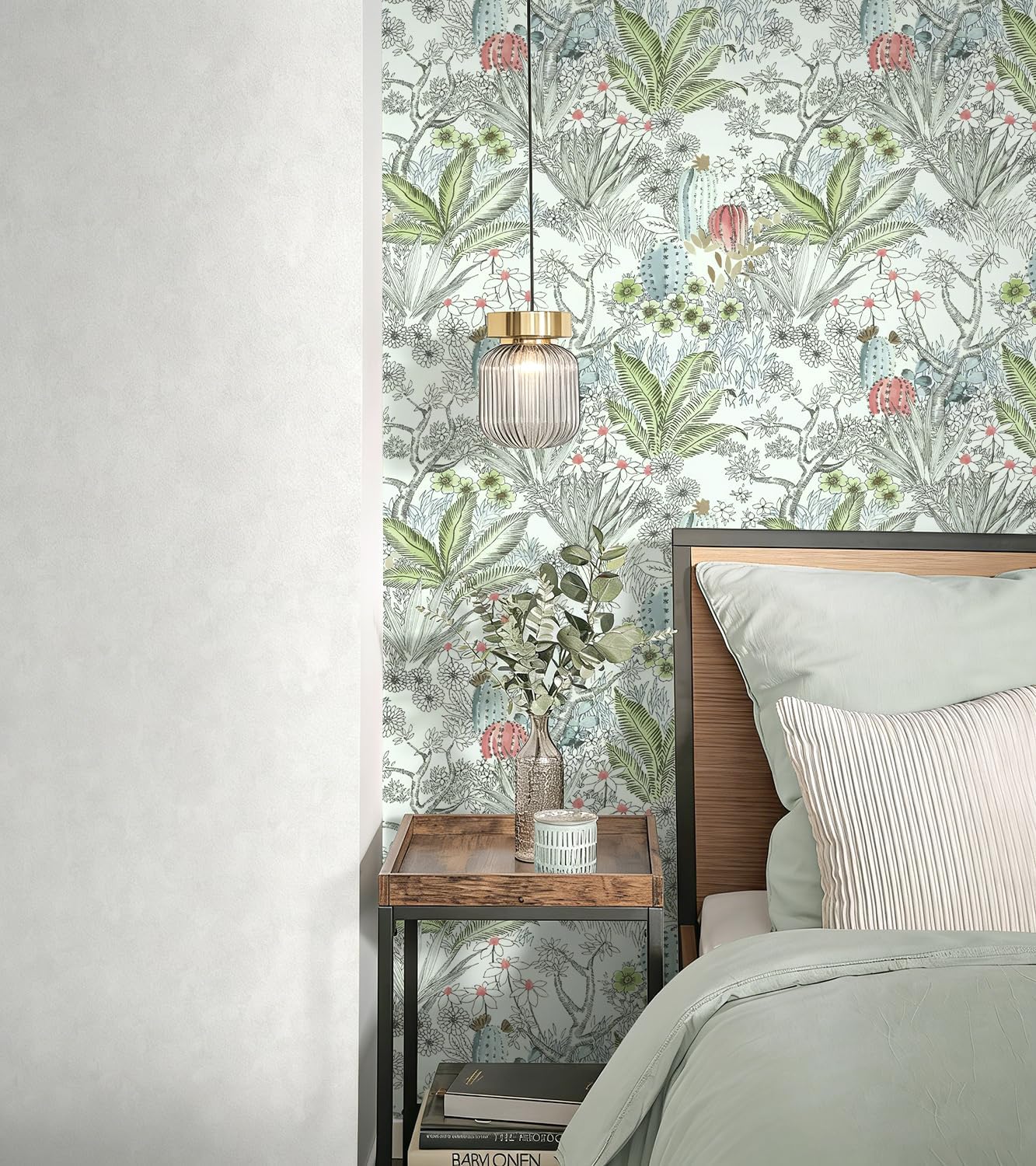 Wudnaye Boho Peel and Stick Wallpaper Catus Wallpaper 17.7" x 590.4"Vintage Floral Wallpapers Peel and Stick Botanical Removable Wall Paper Boho Self Adhesive Contact Paper for Bathroom Cabinets