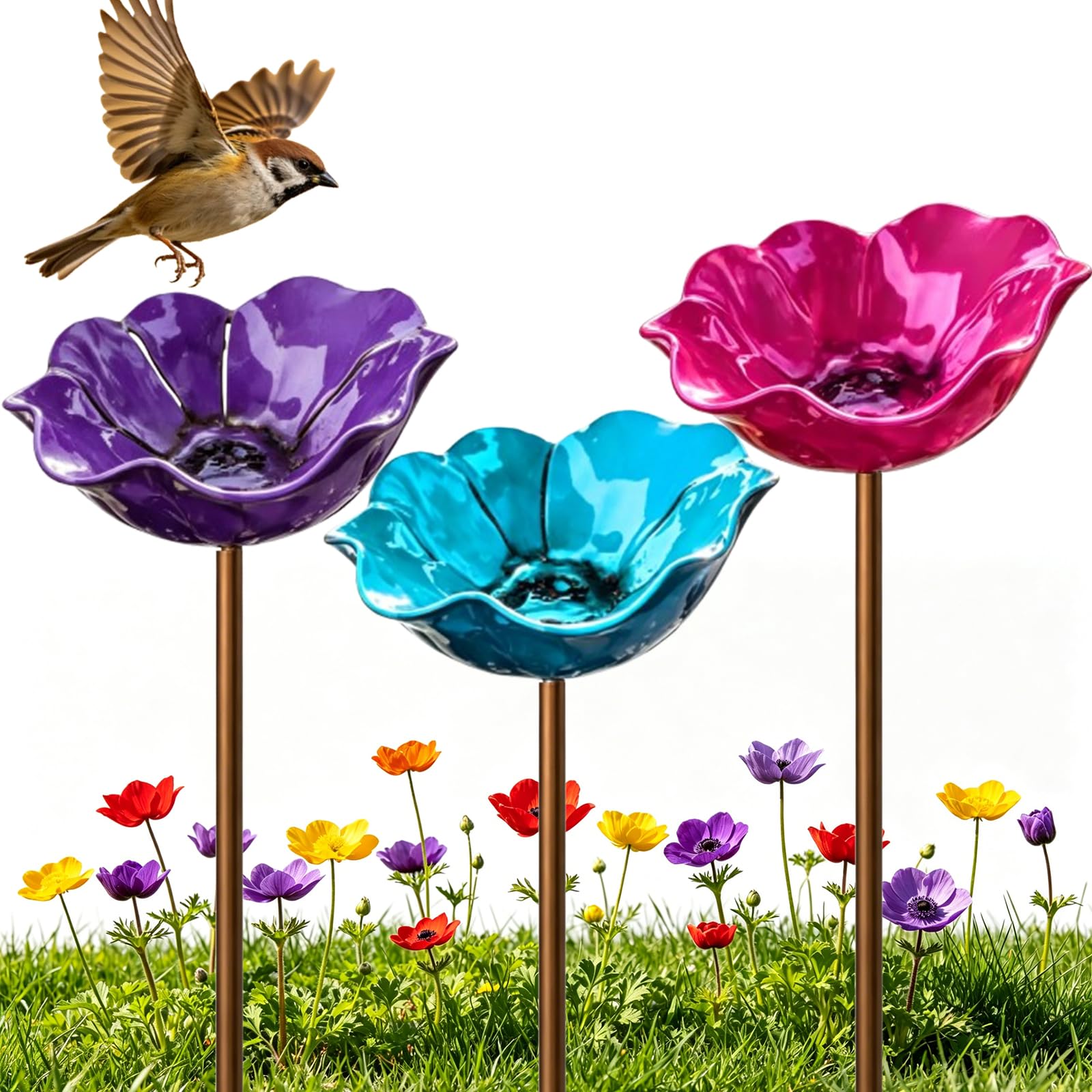 3 Stück Vogeltränke Blume, Metall Blumen Gartenstecker Vogeltränke, Dekorative Insektentränke Garten, Blumentränke für Vögel, Bienen, Schmetterlinge, Insekten (3 Stück-A)