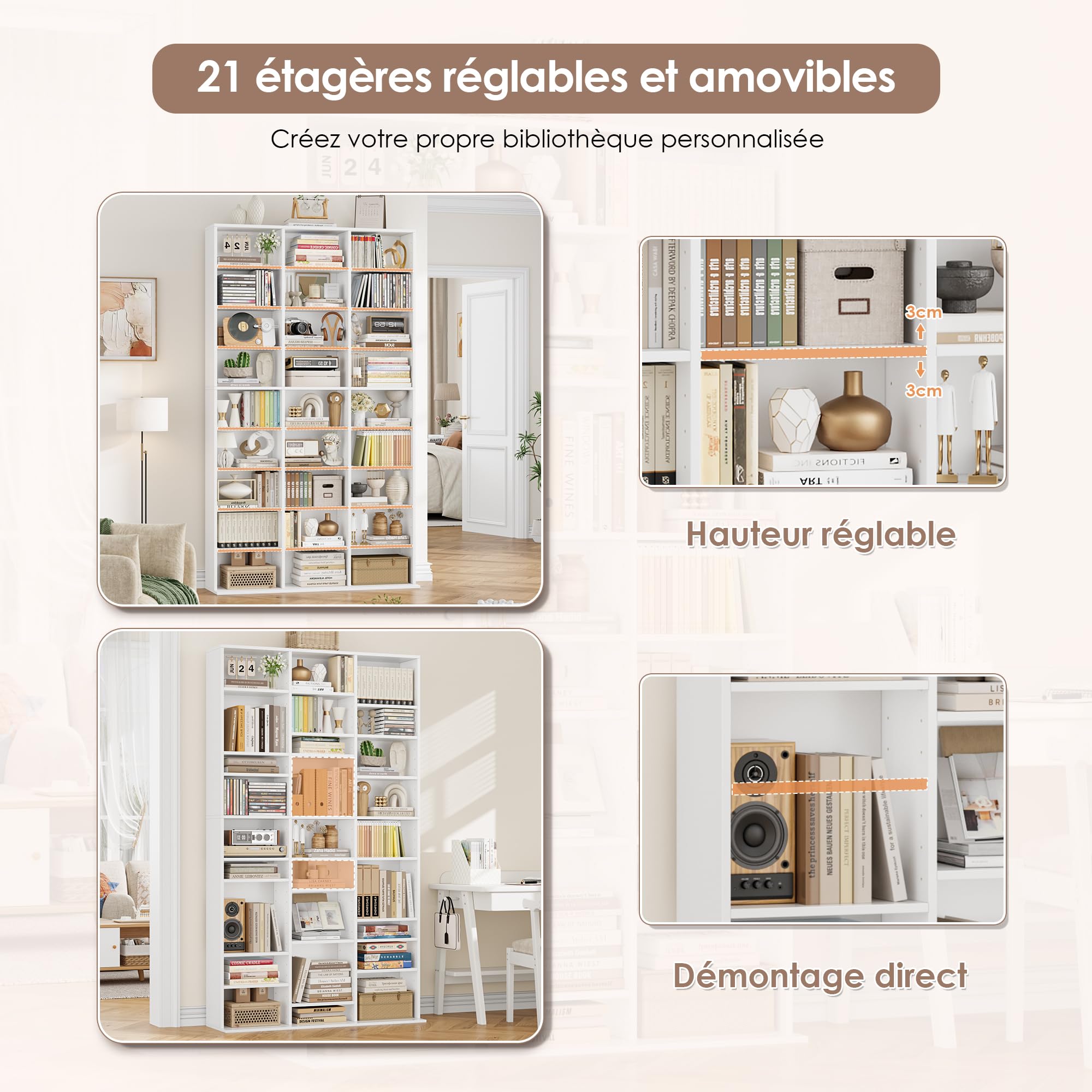 FirFurd Bibliothèque 190 cm Bibliotheque Meuble de Rangement avec 27 Étagères Bibliothèques pour Salon Bureau Cuisine Chambre Étagères Réglables 102.5x23.5x190cm
