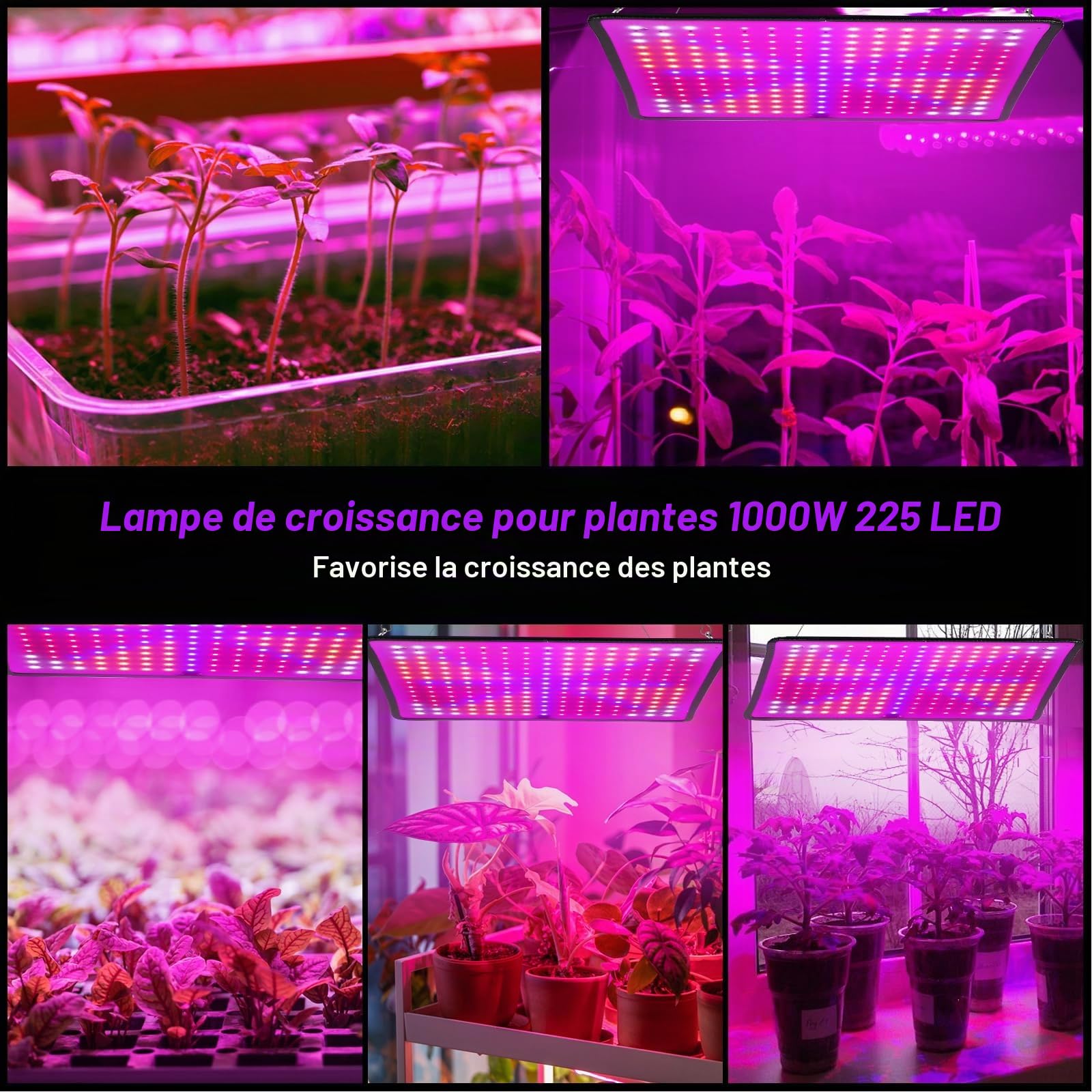 Lampe de culture LED à spectre complet, 225 LEDs, lampe de culture suspendue avec 4 crochets, lampe de croissance pour plantes, légumes, fleurs, 1000W, lumière LED pour plantes[Classe énergétique C]