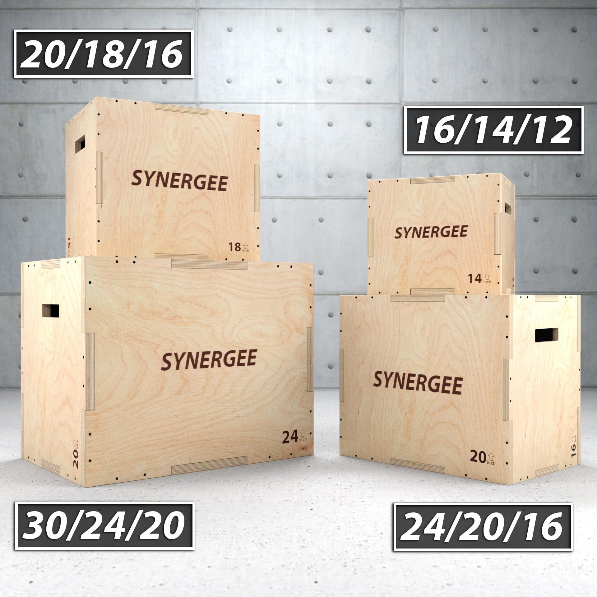 Synergee Antypoślizgowe pudełko ze sklejki 3 w 1 do treningu skoków i kondycji. Drewniana sklejka i miękkie pudełko ze sklejki wszystko w jednym trenażerze skoków. Rozmiary 20/18/16, 16/14/12