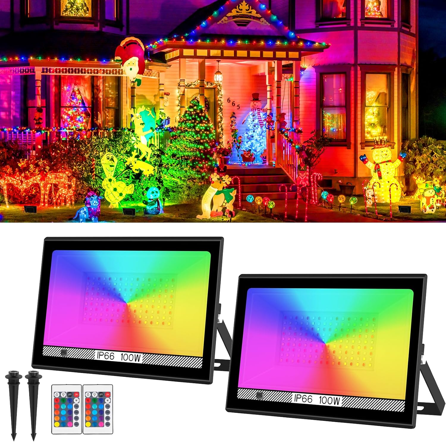 T-SUN RGB Led Flood Light 100W,Outdoor Flood Light 1000W Equivalent 10000Lm Christmas Light Color Changing Led Stage Lights IP66 Waterproof Landscape Lights with Remote Outdoor for Garden Yard