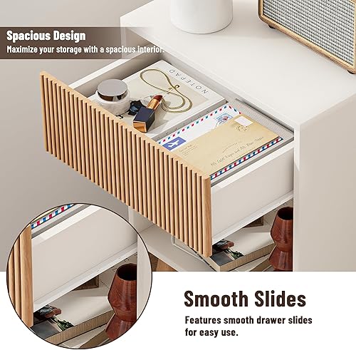 Miniatura 3 de Mesita de noche acanalada, moderna mesita de noche con cajones de almacenamiento y estante de madera abierta, mesita de noche con patas de madera