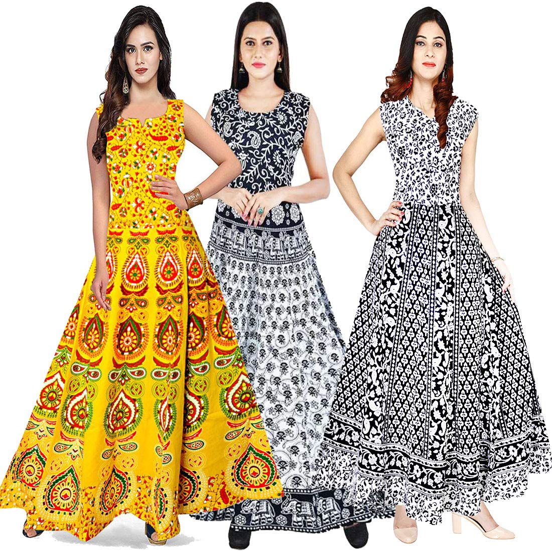 Disha IndustriesCotton Women's Maxi Long Gown Jaipur Printed (Free Size Upto 44-XXL), Multicolor Pack of 3 Pieces Disha-FR987