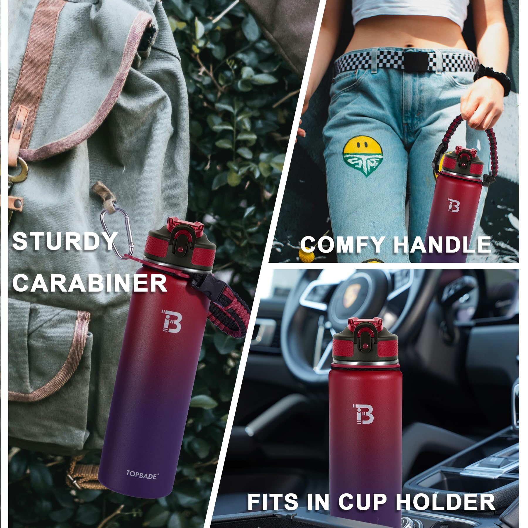 TOPBADE 1000 ml Borraccia Termica con 2 Coperchi, 1L Bottiglia Termica Bottiglia Acqua in Acciaio Inox, Riutilizzabile Senza BPA Bottiglia Senza Perdite per Scuola Sport