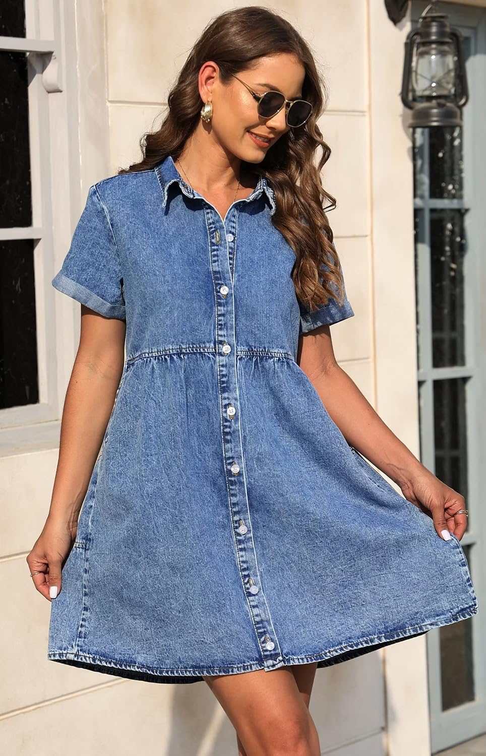 KDF Denim Dress for Women with Pockets Short Sleeve Babydoll Denim Shirt Dresses for Women 2025 - Image 2