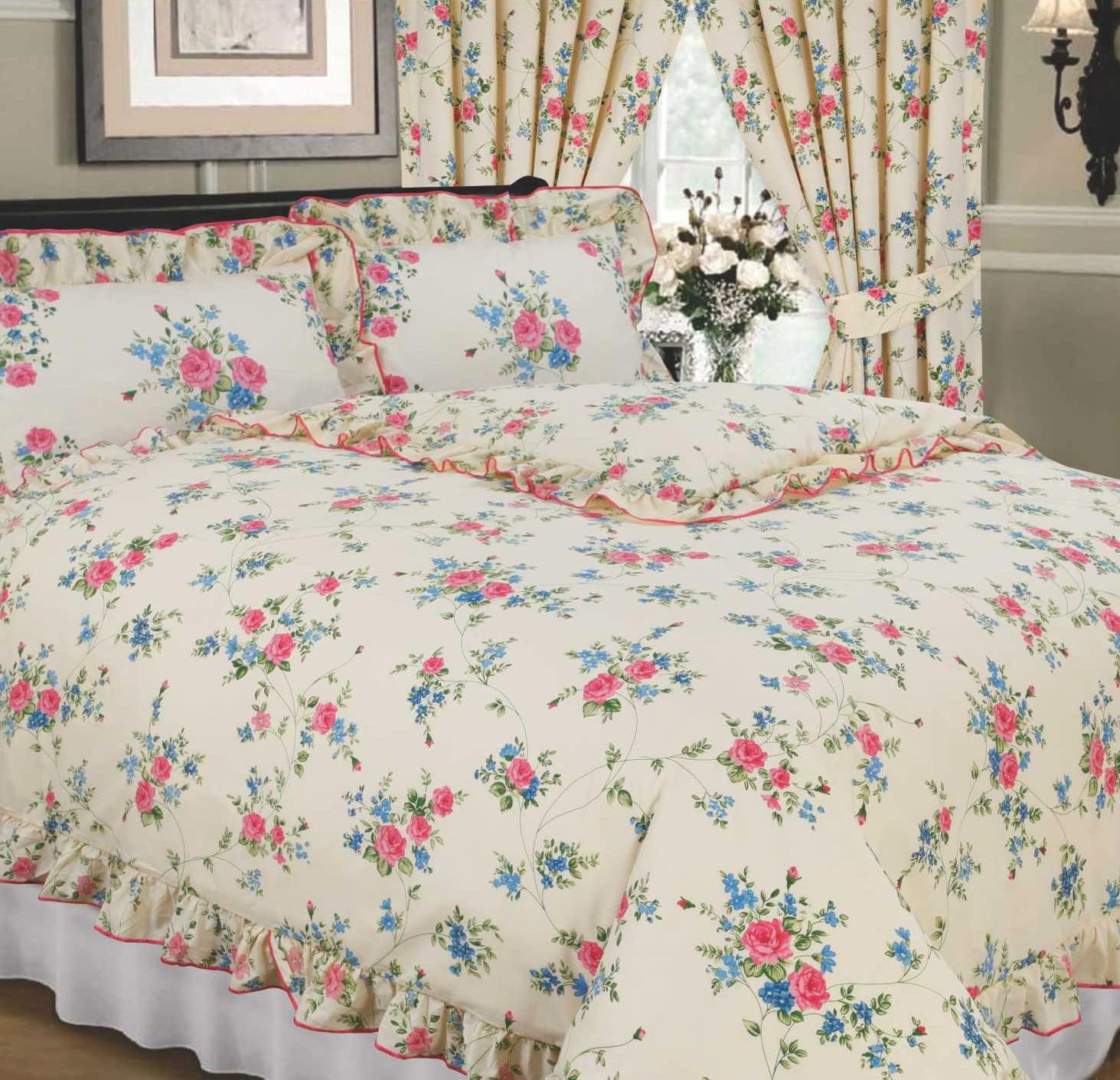 The Cameo Collection Elizabeth Blue, King Size Bed Duvet / Quilt Cover Set, Traditional Floral Frilled Bedding Set, Rose Flowers Cream Pink Green