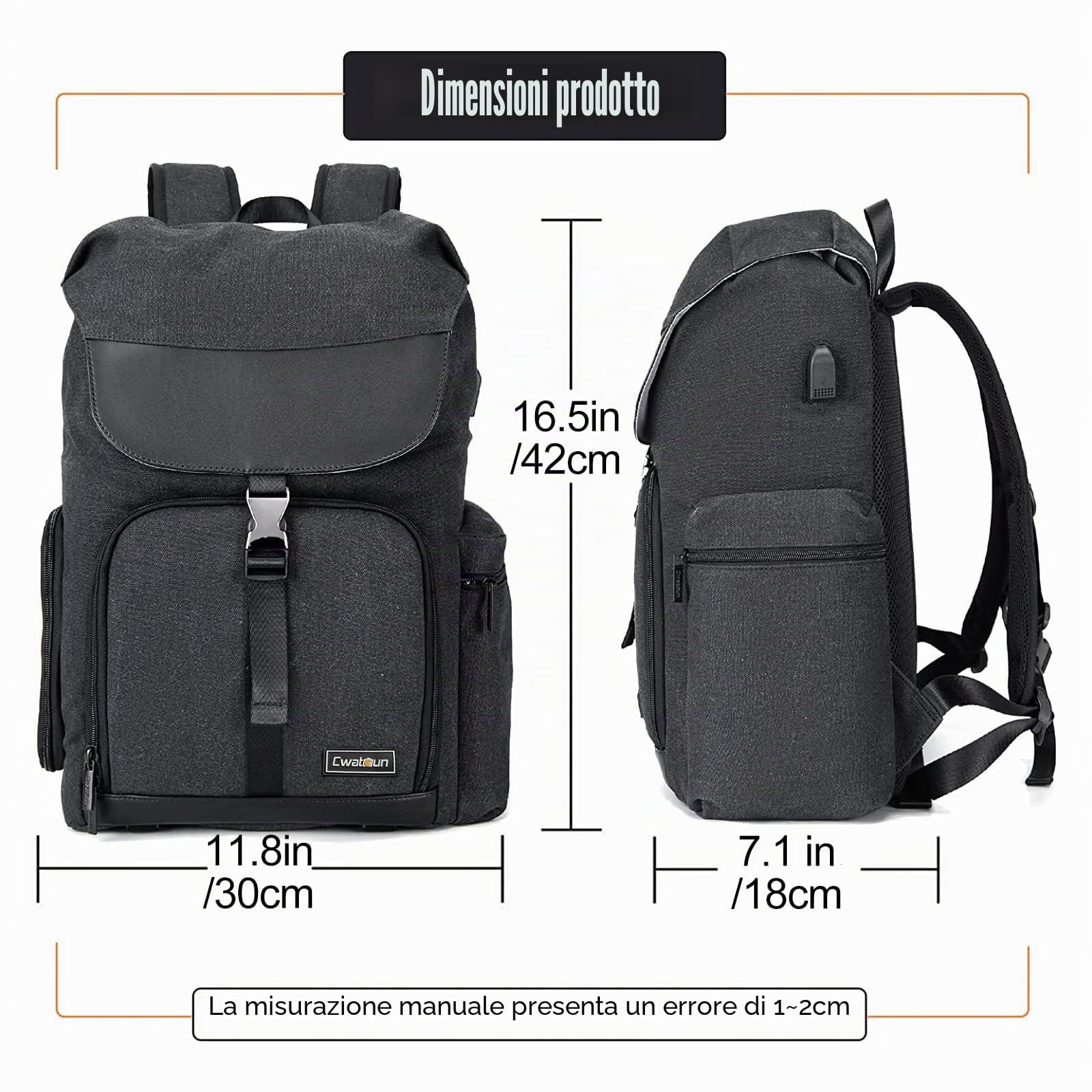 Cwatcun zaino fotocamera borsa in tela per reflex mirrorless Canon Nikon Sony Pentax obiettivo impermeabile fotocamera reflex con 15.6'' scomparto per computer portatile e cinghia treppiede,Nero